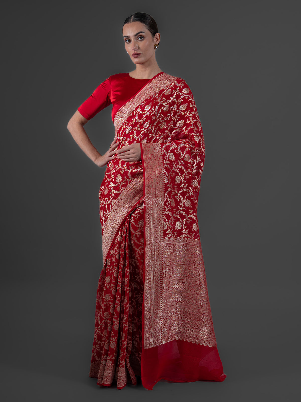 Red Jaal Khaddi Georgette Handloom Banarasi Saree - Sacred Weaves