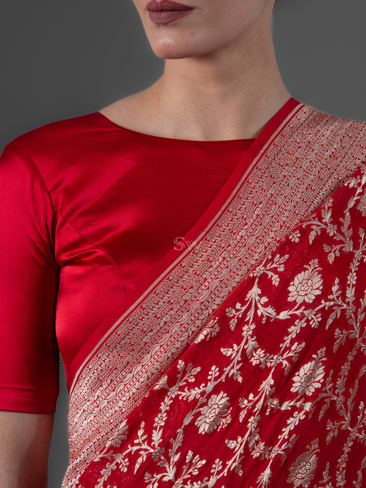 Red Jaal Khaddi Georgette Handloom Banarasi Saree - Sacred Weaves