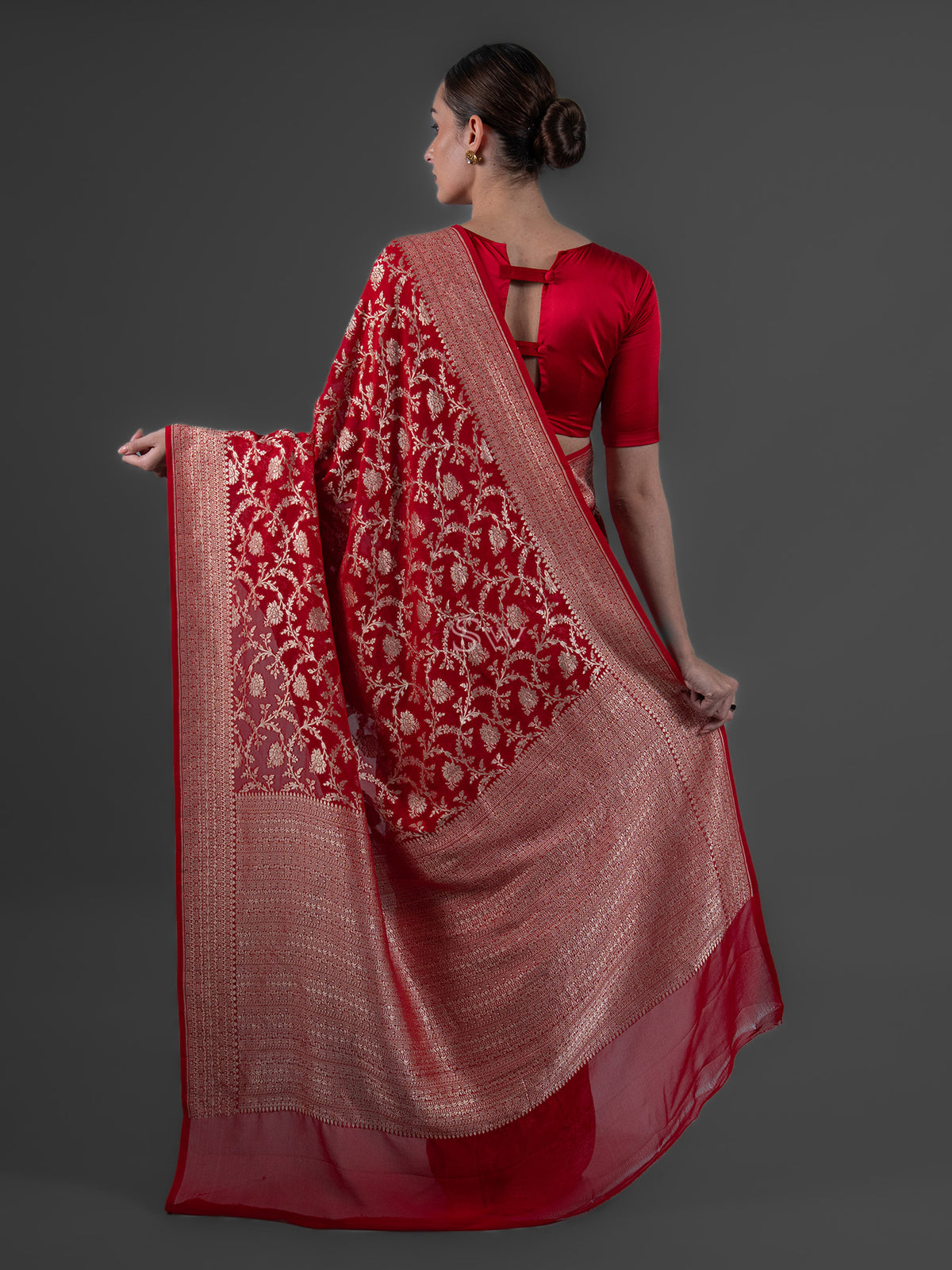 Red Jaal Khaddi Georgette Handloom Banarasi Saree - Sacred Weaves