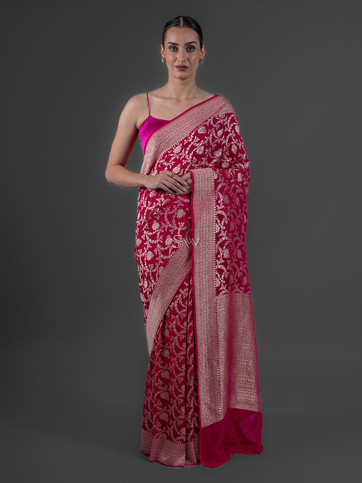 Magenta Jaal Khaddi Georgette Handloom Banarasi Saree - Sacred Weaves