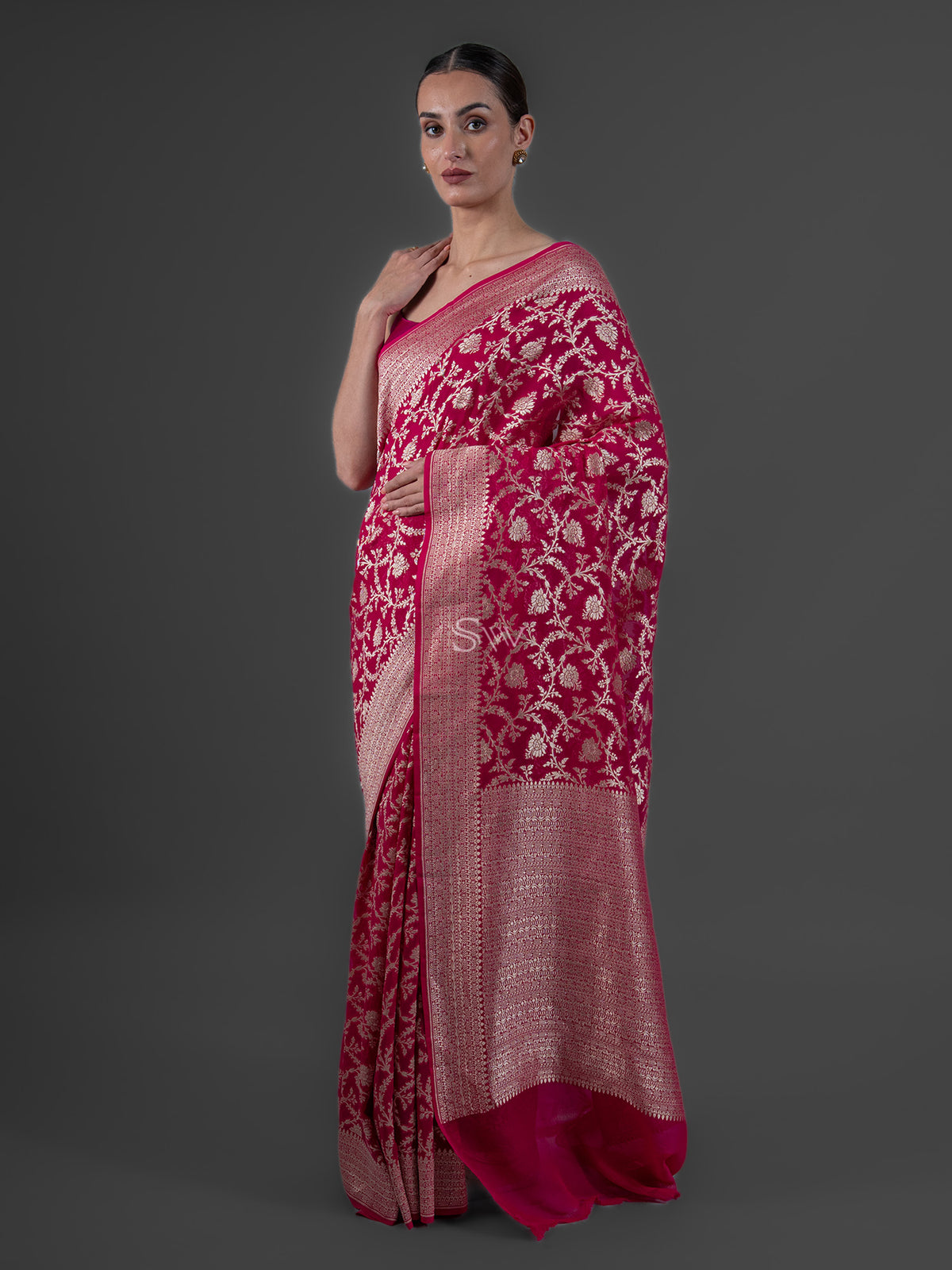 Magenta Jaal Khaddi Georgette Handloom Banarasi Saree - Sacred Weaves