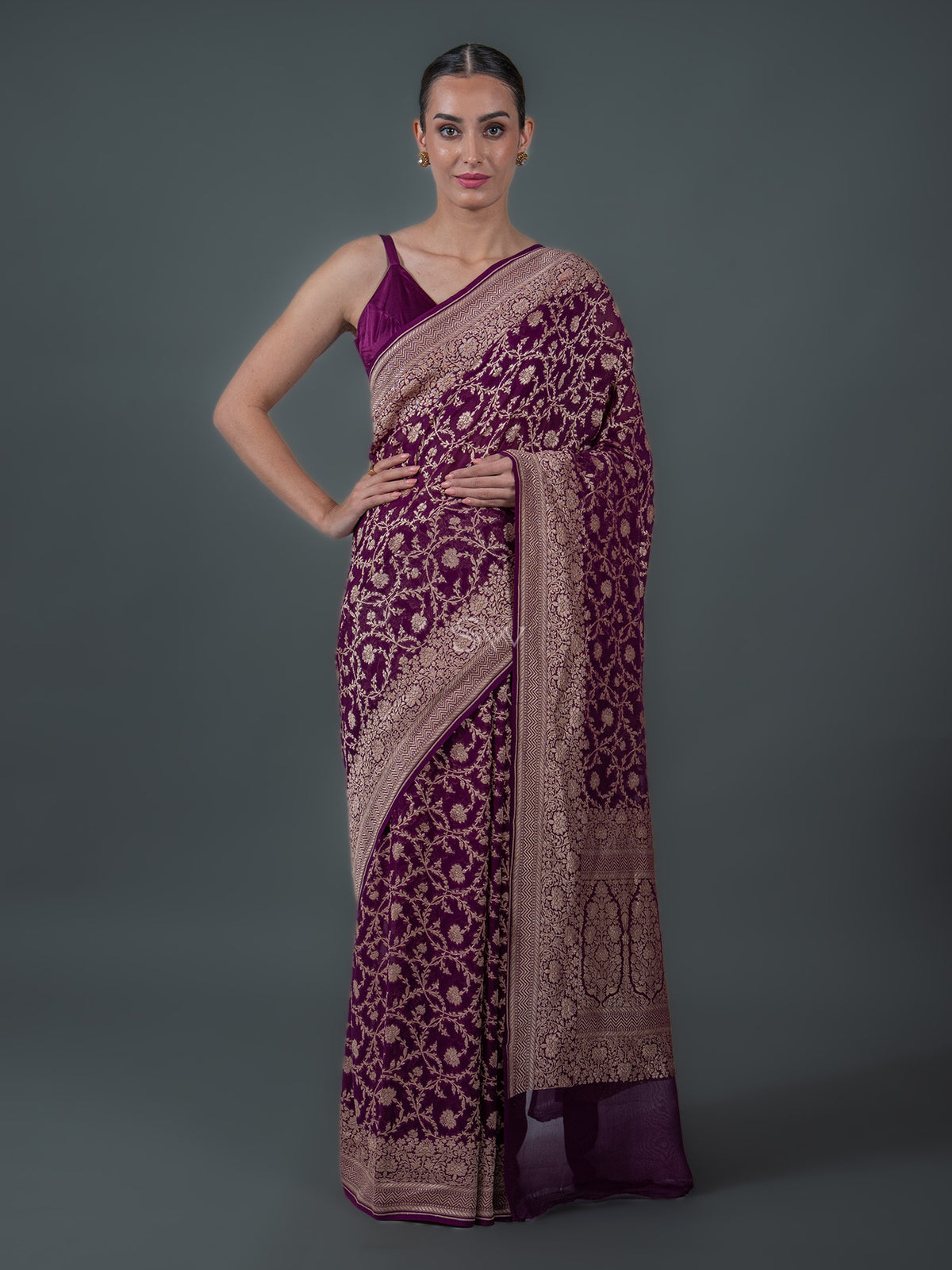 Wine Jaal Khaddi Georgette Handloom Banarasi Saree