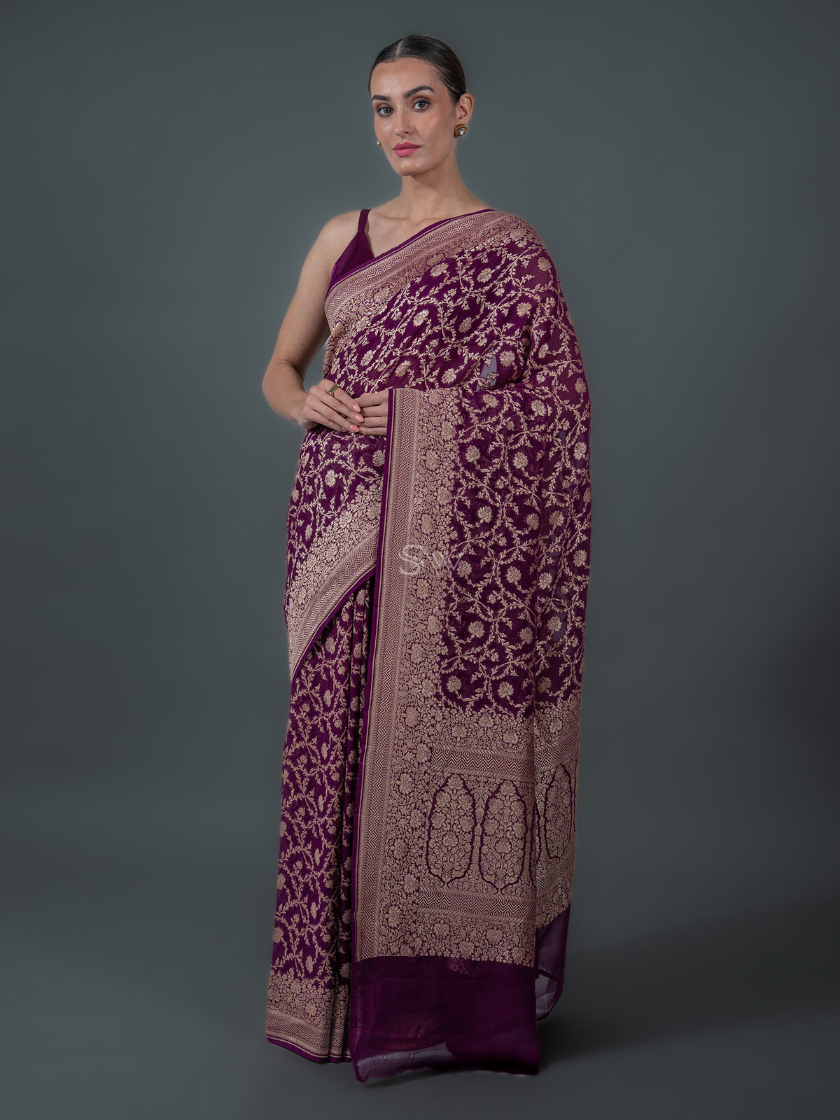 Wine Jaal Khaddi Georgette Handloom Banarasi Saree