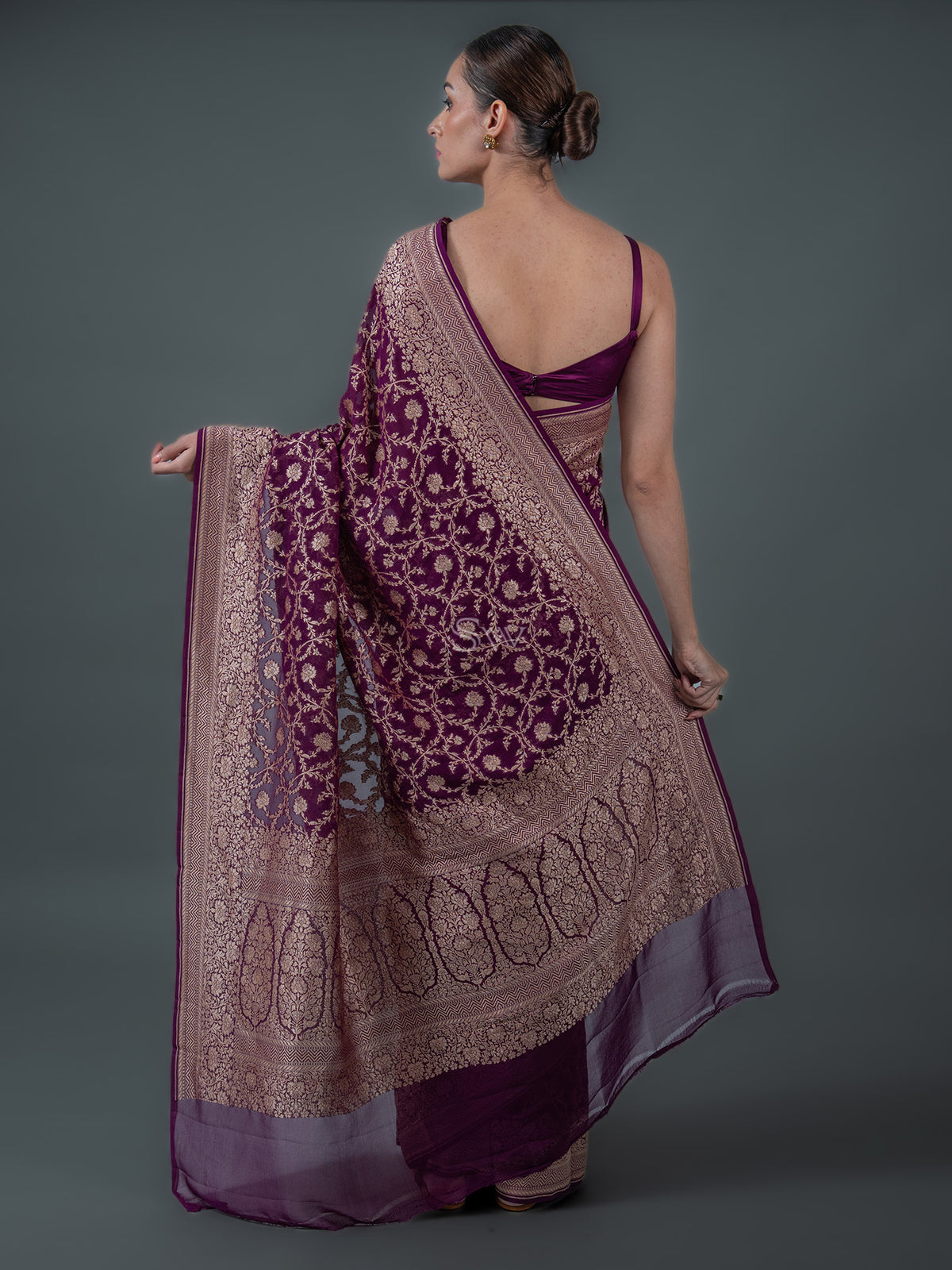 Wine Jaal Khaddi Georgette Handloom Banarasi Saree