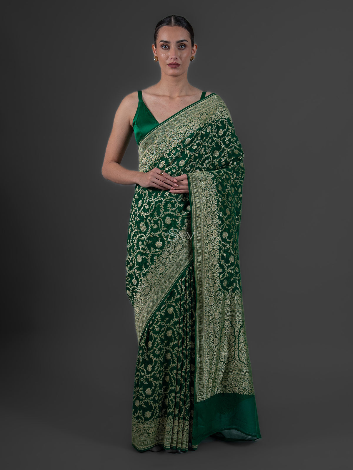 Bottle Green Jaal Khaddi Georgette Handloom Banarasi Saree - Sacred Weaves