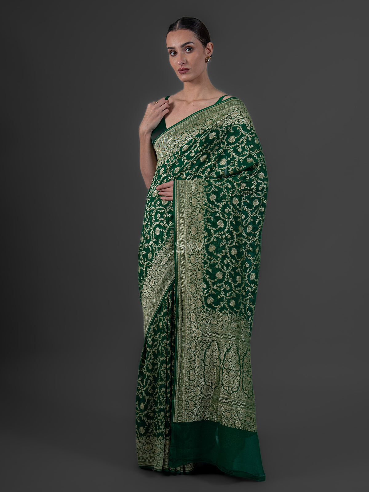 Bottle Green Jaal Khaddi Georgette Handloom Banarasi Saree - Sacred Weaves