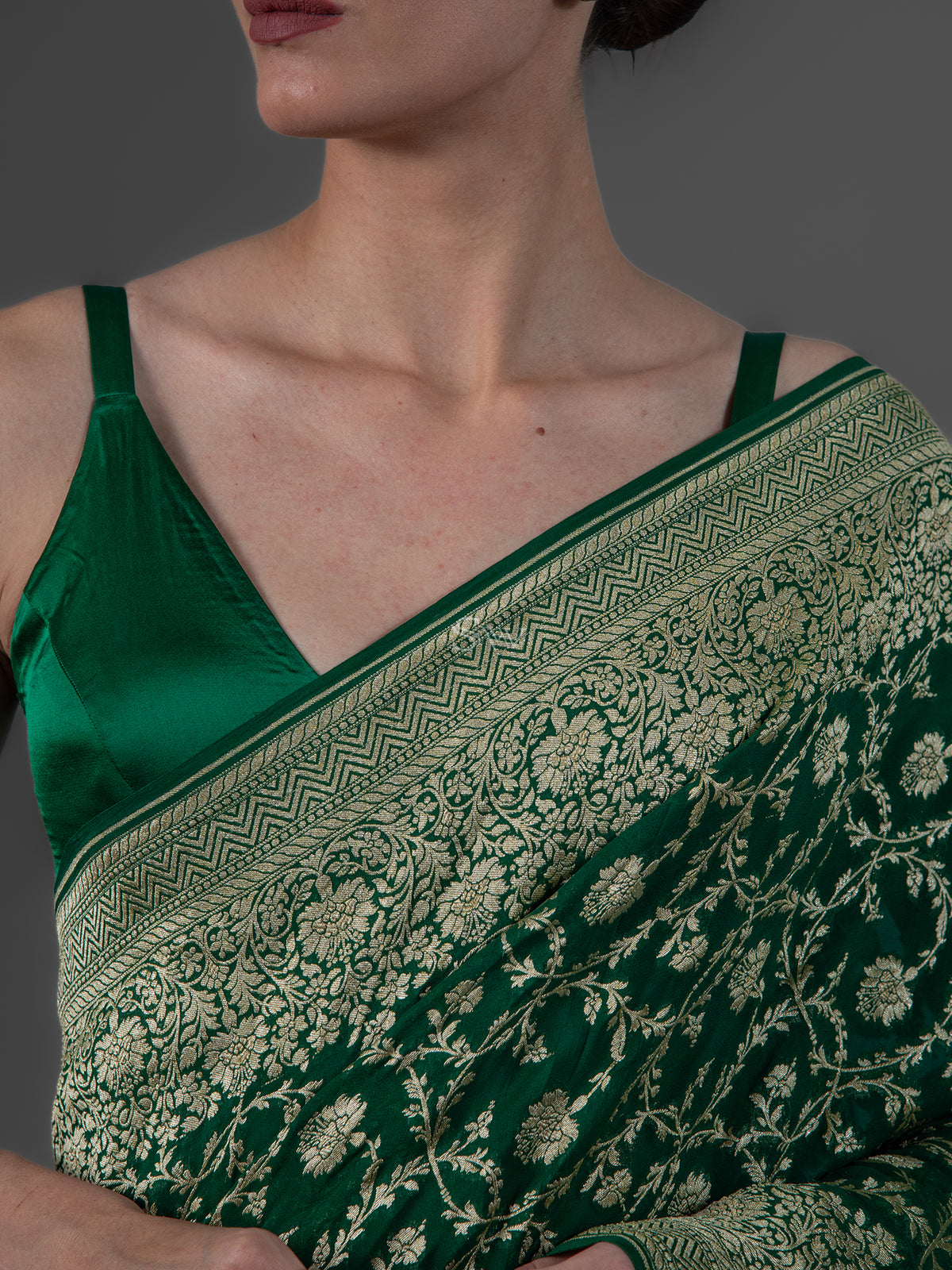 Bottle Green Jaal Khaddi Georgette Handloom Banarasi Saree - Sacred Weaves