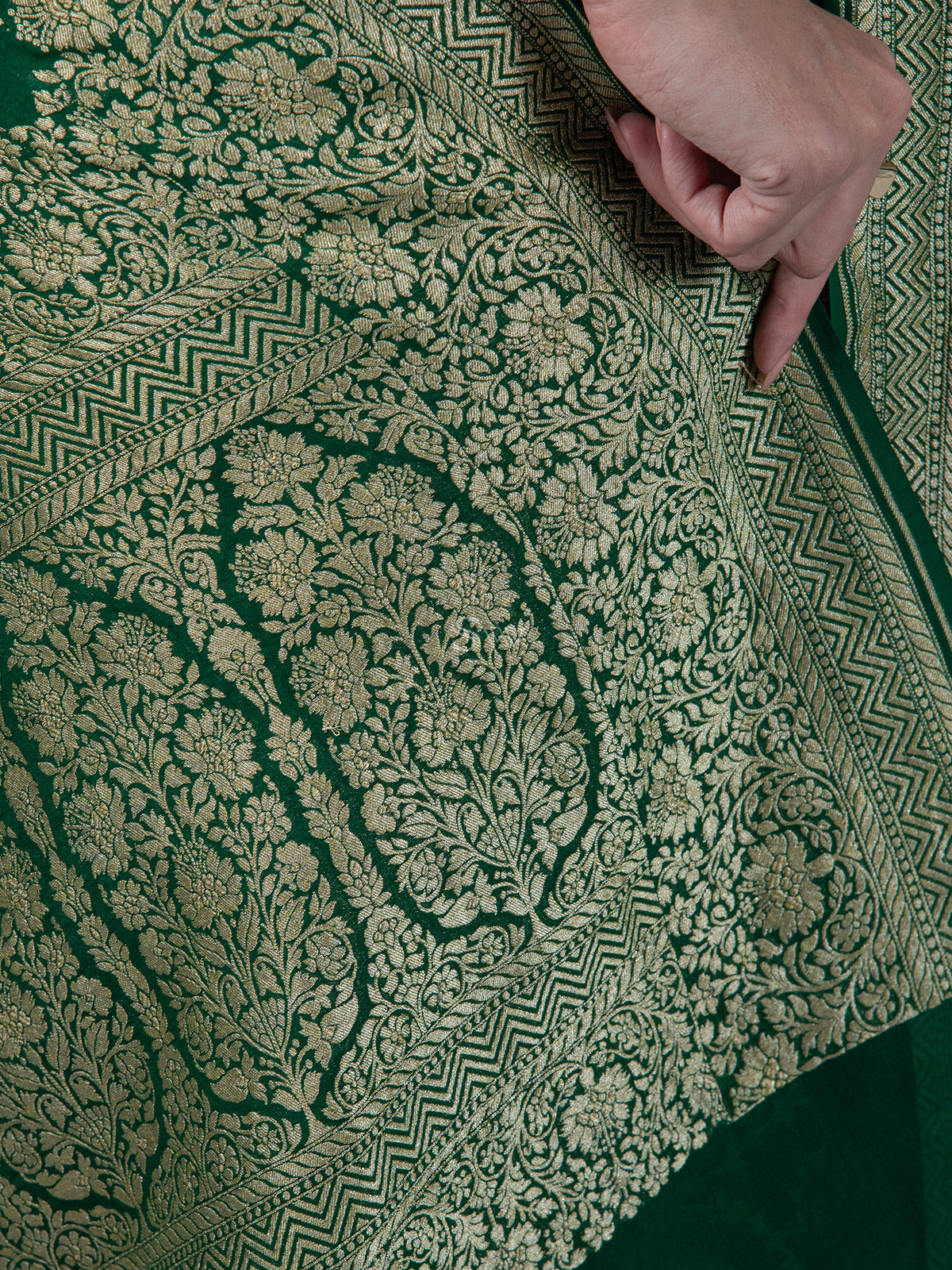 Bottle Green Jaal Khaddi Georgette Handloom Banarasi Saree - Sacred Weaves