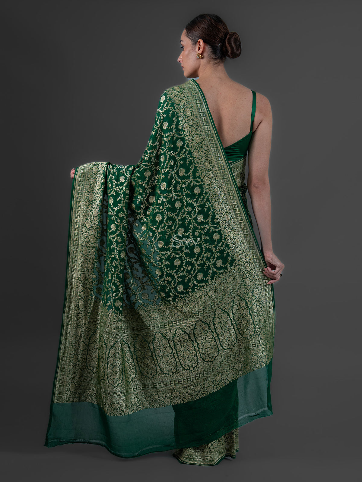 Bottle Green Jaal Khaddi Georgette Handloom Banarasi Saree - Sacred Weaves