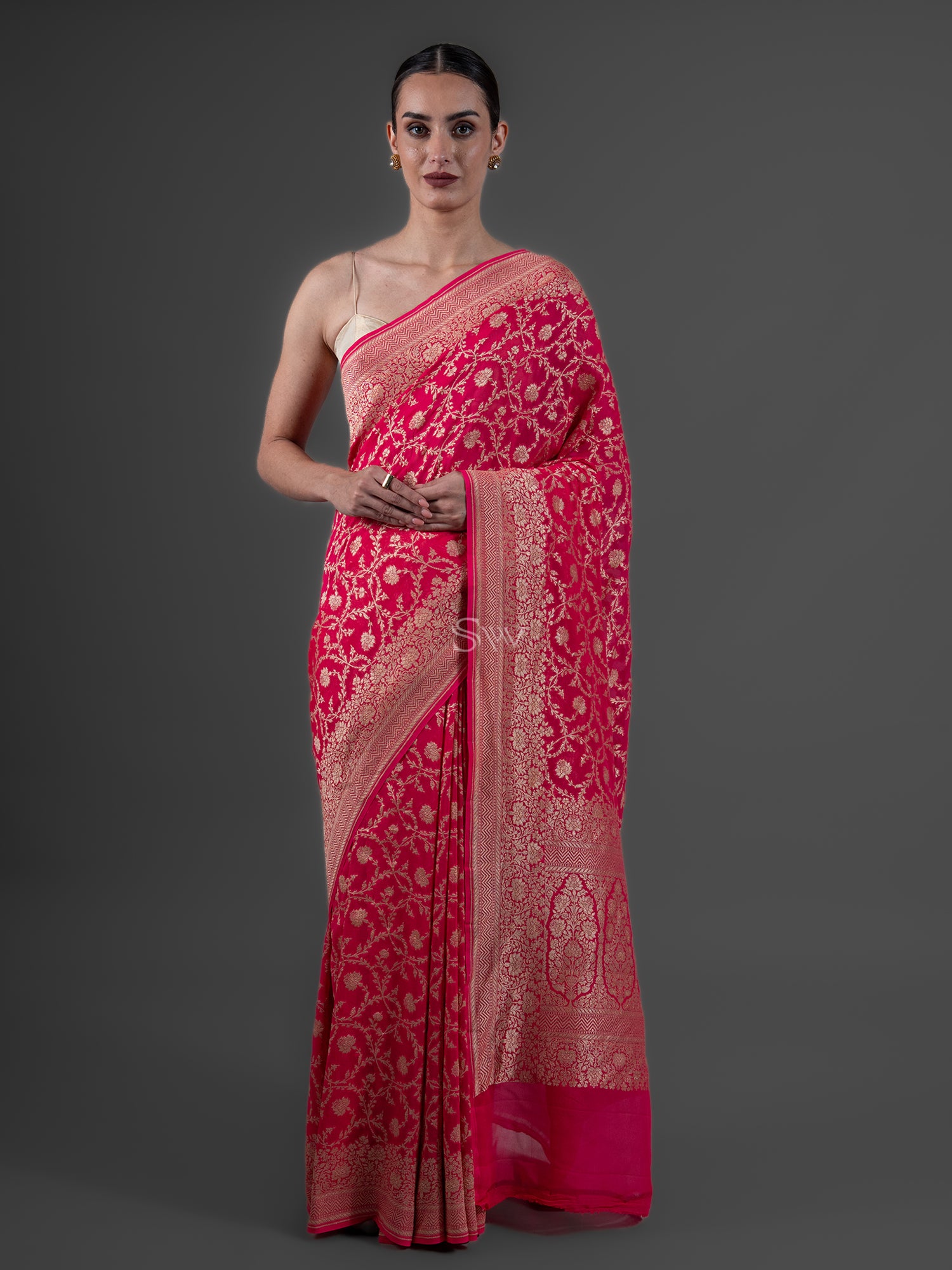 Peach Jaal Khaddi Georgette Handloom Banarasi Saree - Sacred Weaves