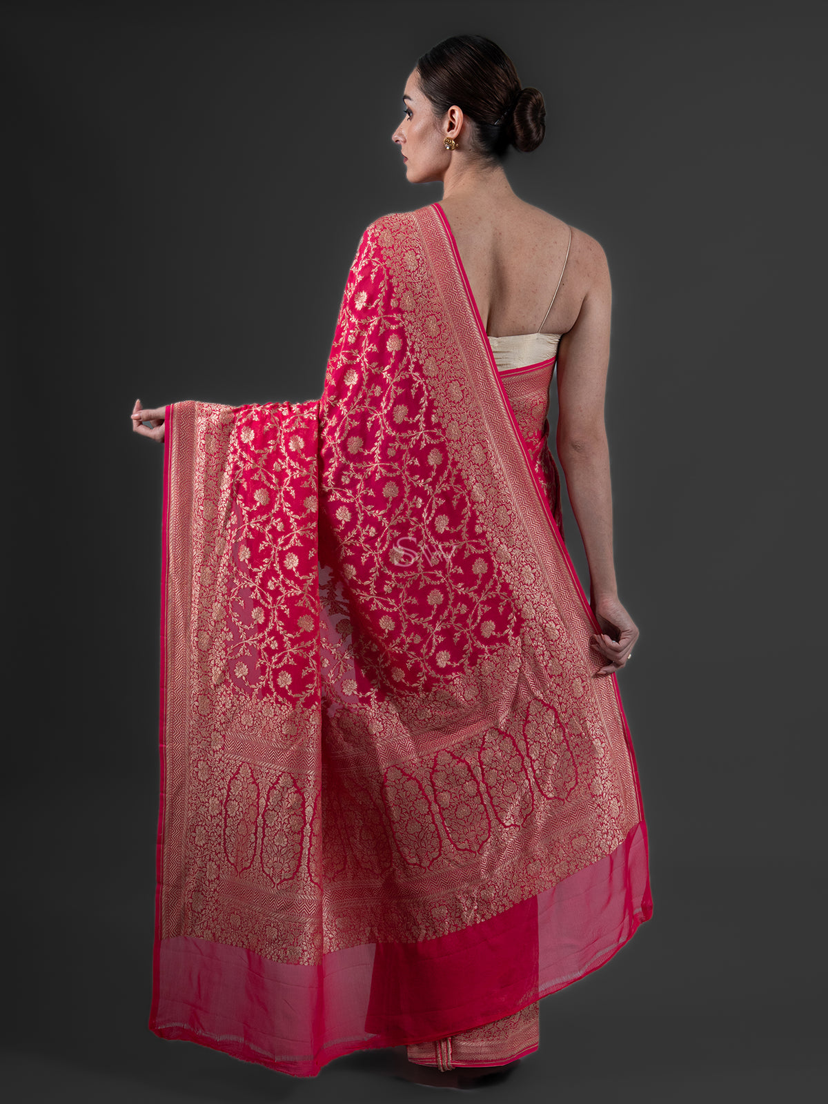 Peach Jaal Khaddi Georgette Handloom Banarasi Saree - Sacred Weaves