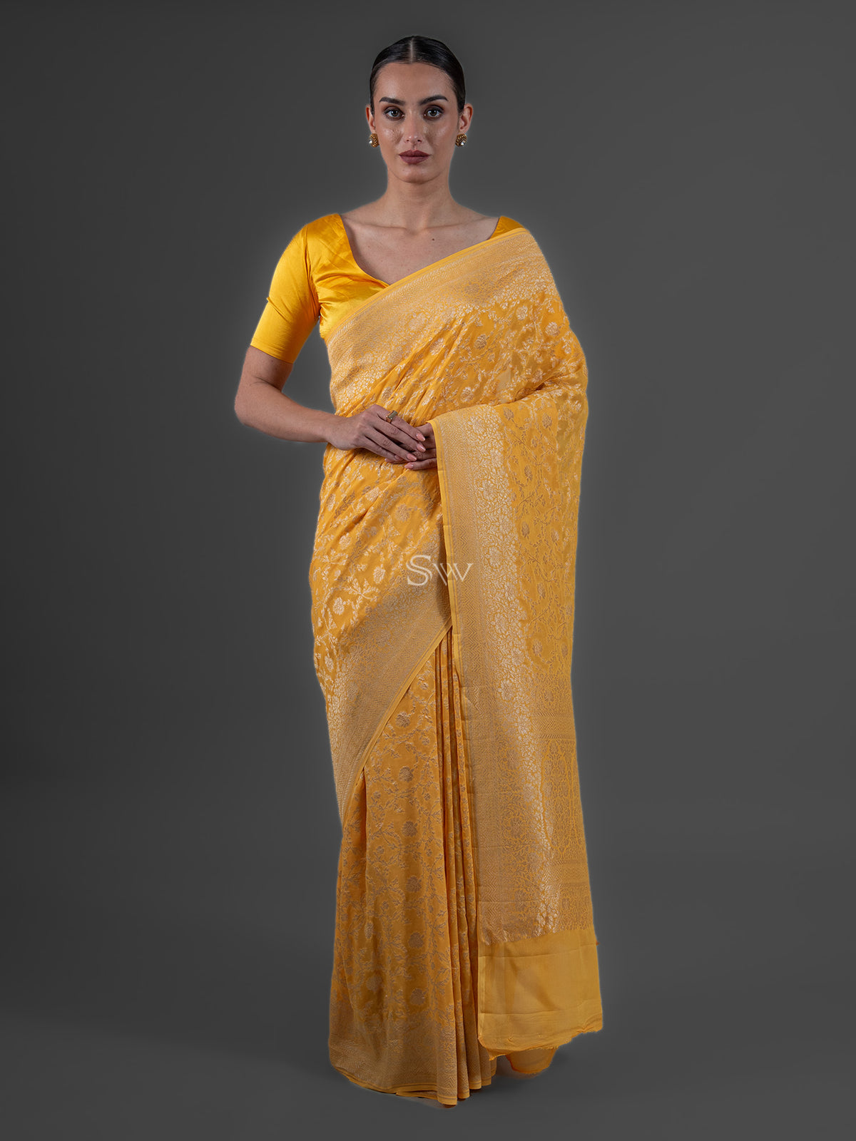 Yellow Jaal Khaddi Georgette Handloom Banarasi Saree - Sacred Weaves