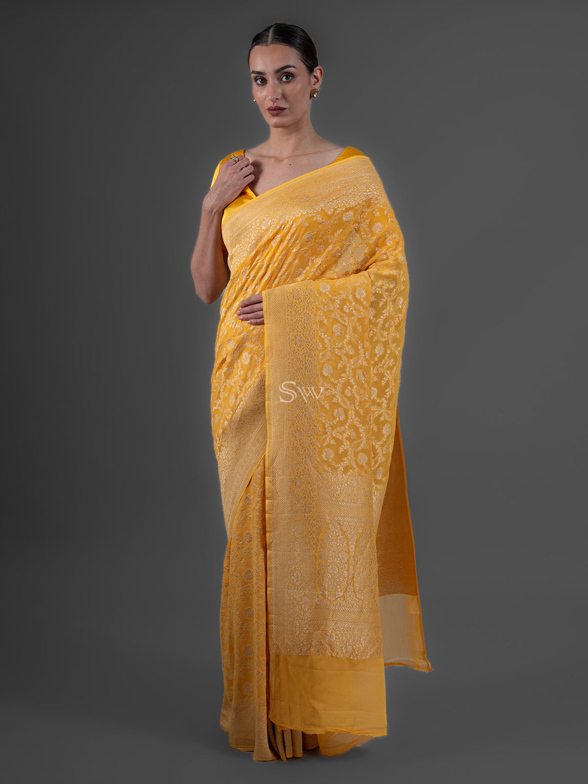 Yellow Jaal Khaddi Georgette Handloom Banarasi Saree - Sacred Weaves