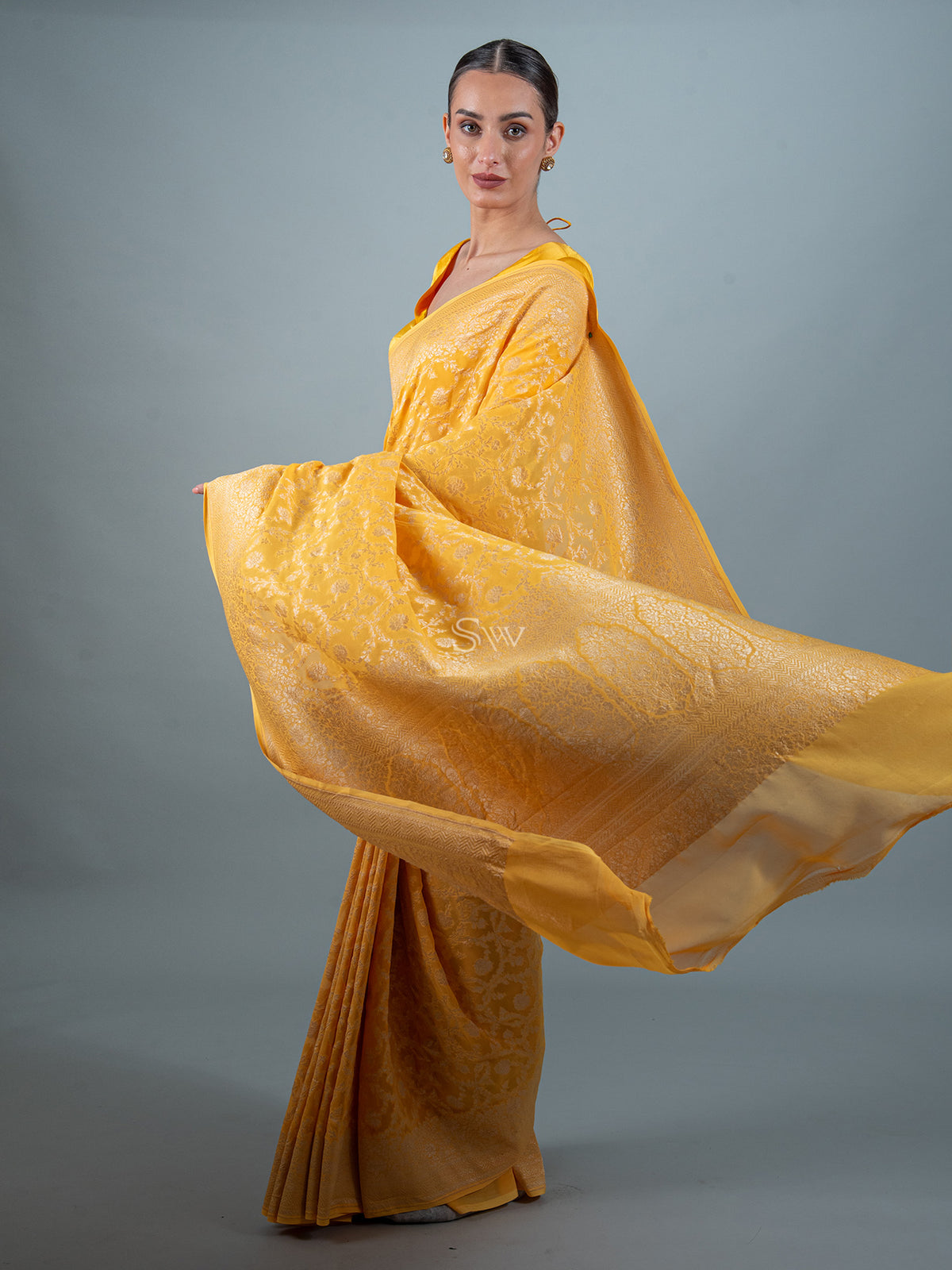 Yellow Jaal Khaddi Georgette Handloom Banarasi Saree - Sacred Weaves