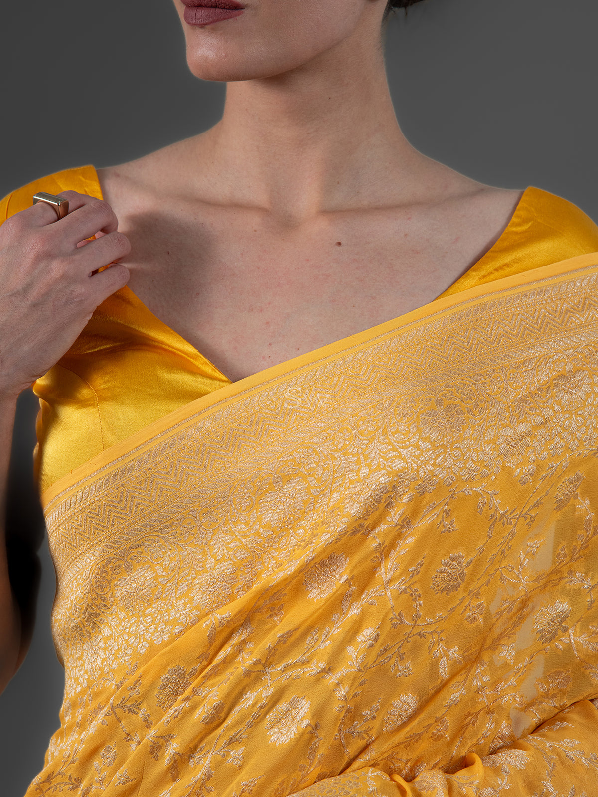 Yellow Jaal Khaddi Georgette Handloom Banarasi Saree - Sacred Weaves