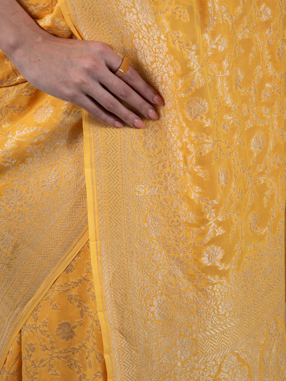 Yellow Jaal Khaddi Georgette Handloom Banarasi Saree - Sacred Weaves