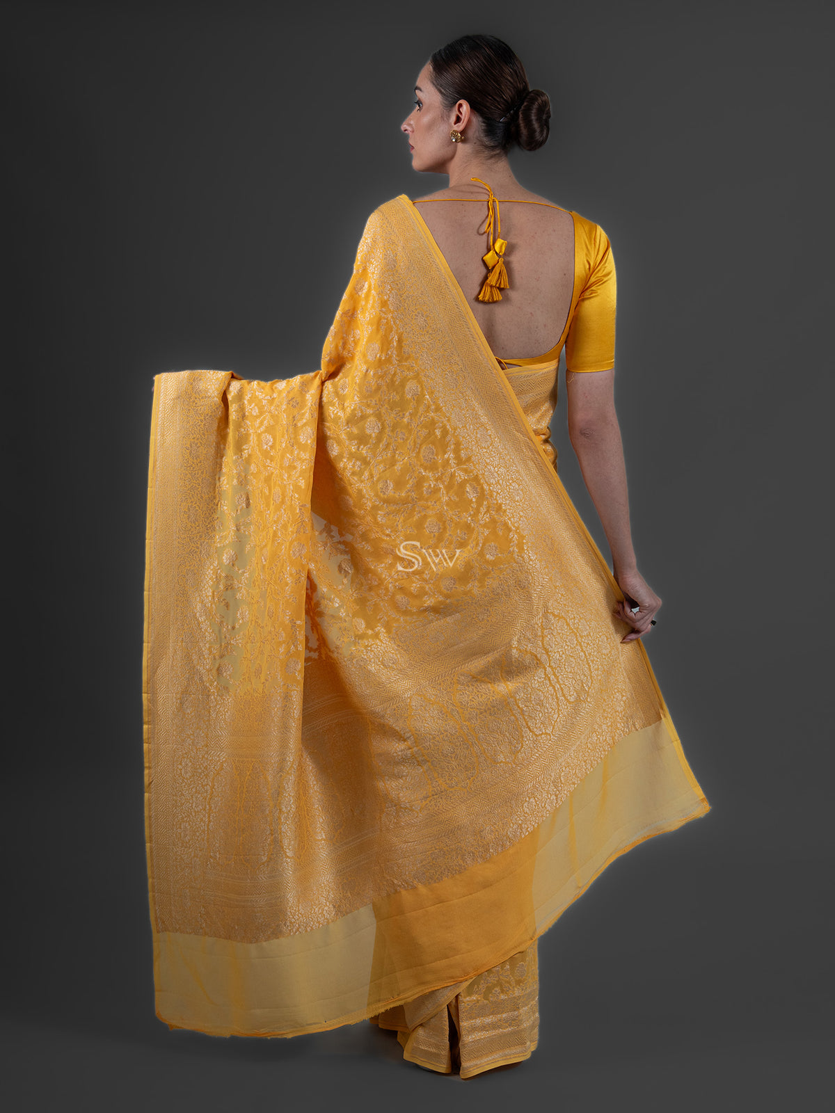 Yellow Jaal Khaddi Georgette Handloom Banarasi Saree - Sacred Weaves