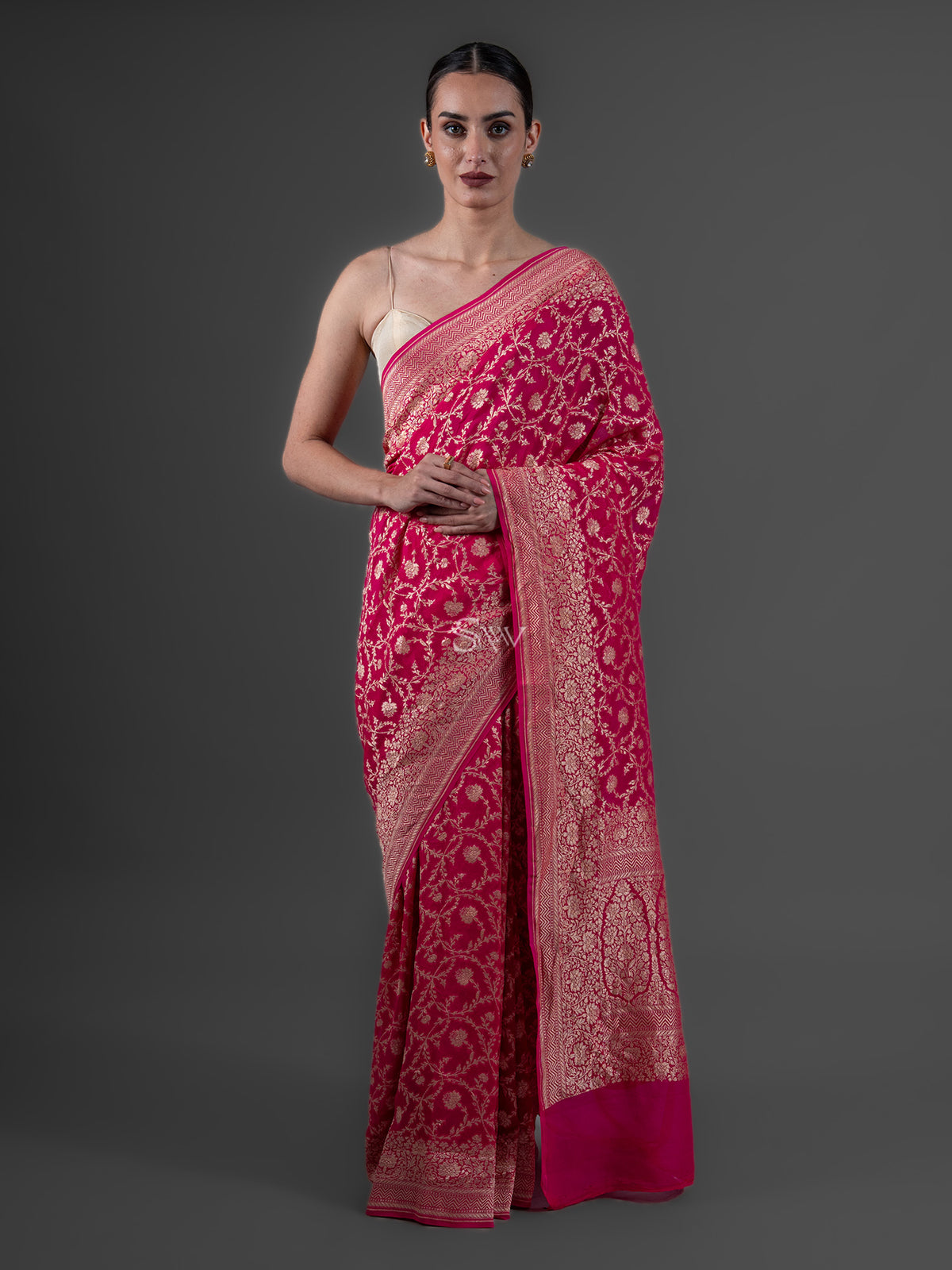 Magenta Jaal Khaddi Georgette Handloom Banarasi Saree - Sacred Weaves