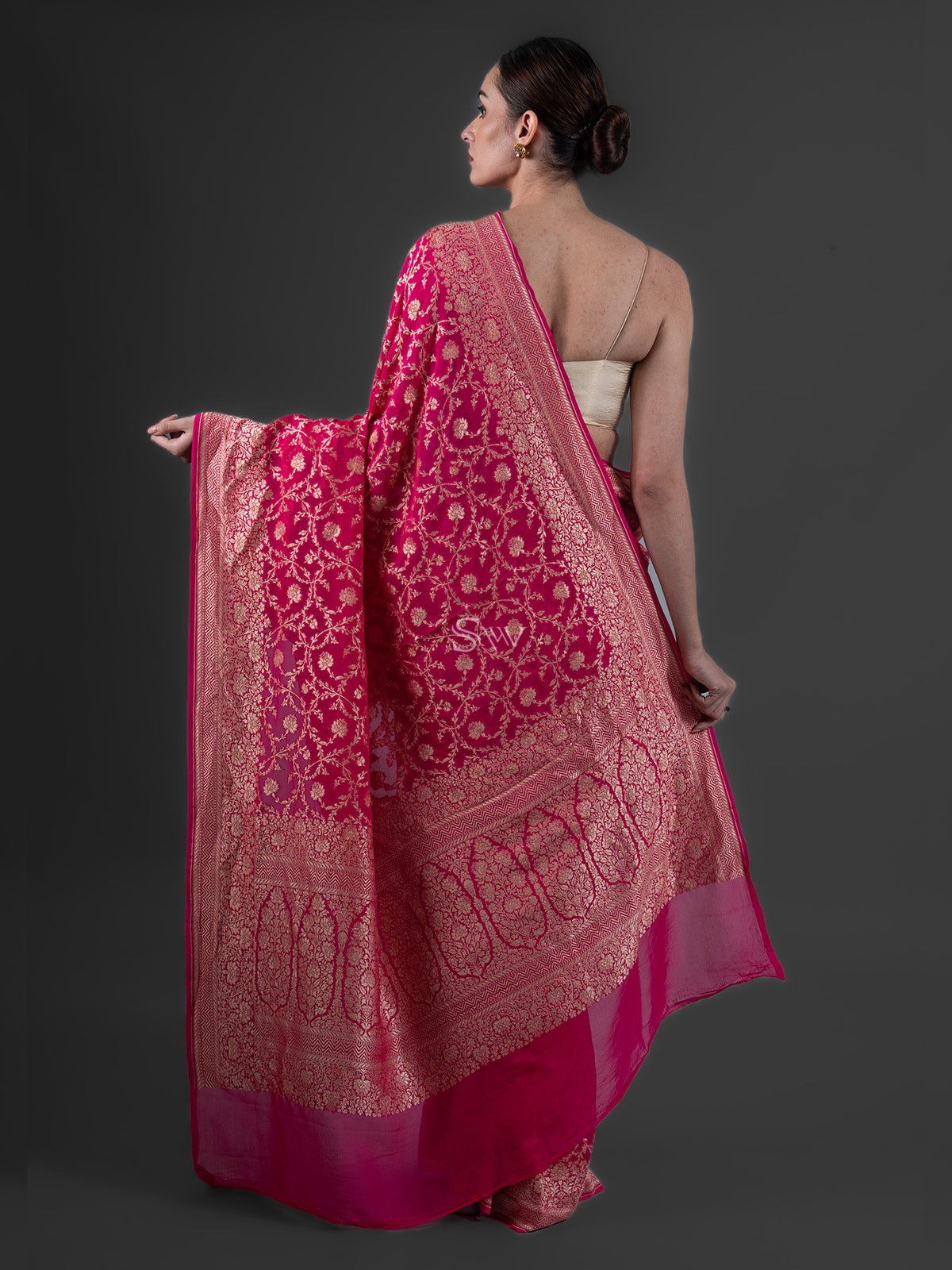 Magenta Jaal Khaddi Georgette Handloom Banarasi Saree - Sacred Weaves