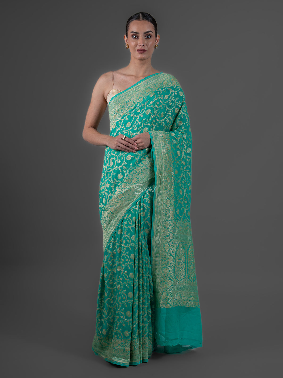 Sea Green Jaal Khaddi Georgette Handloom Banarasi Saree - Sacred Weaves