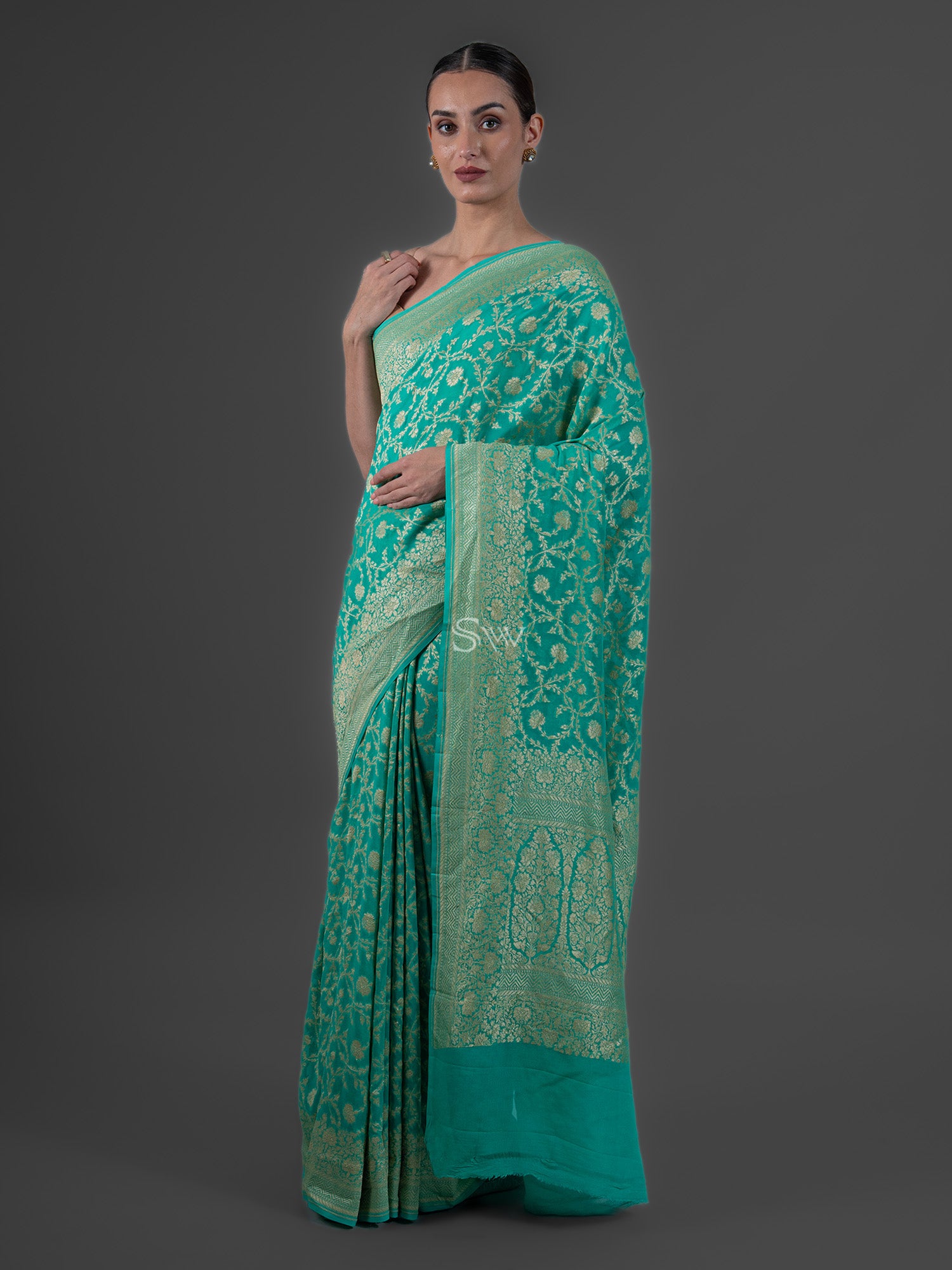 Sea Green Jaal Khaddi Georgette Handloom Banarasi Saree - Sacred Weaves