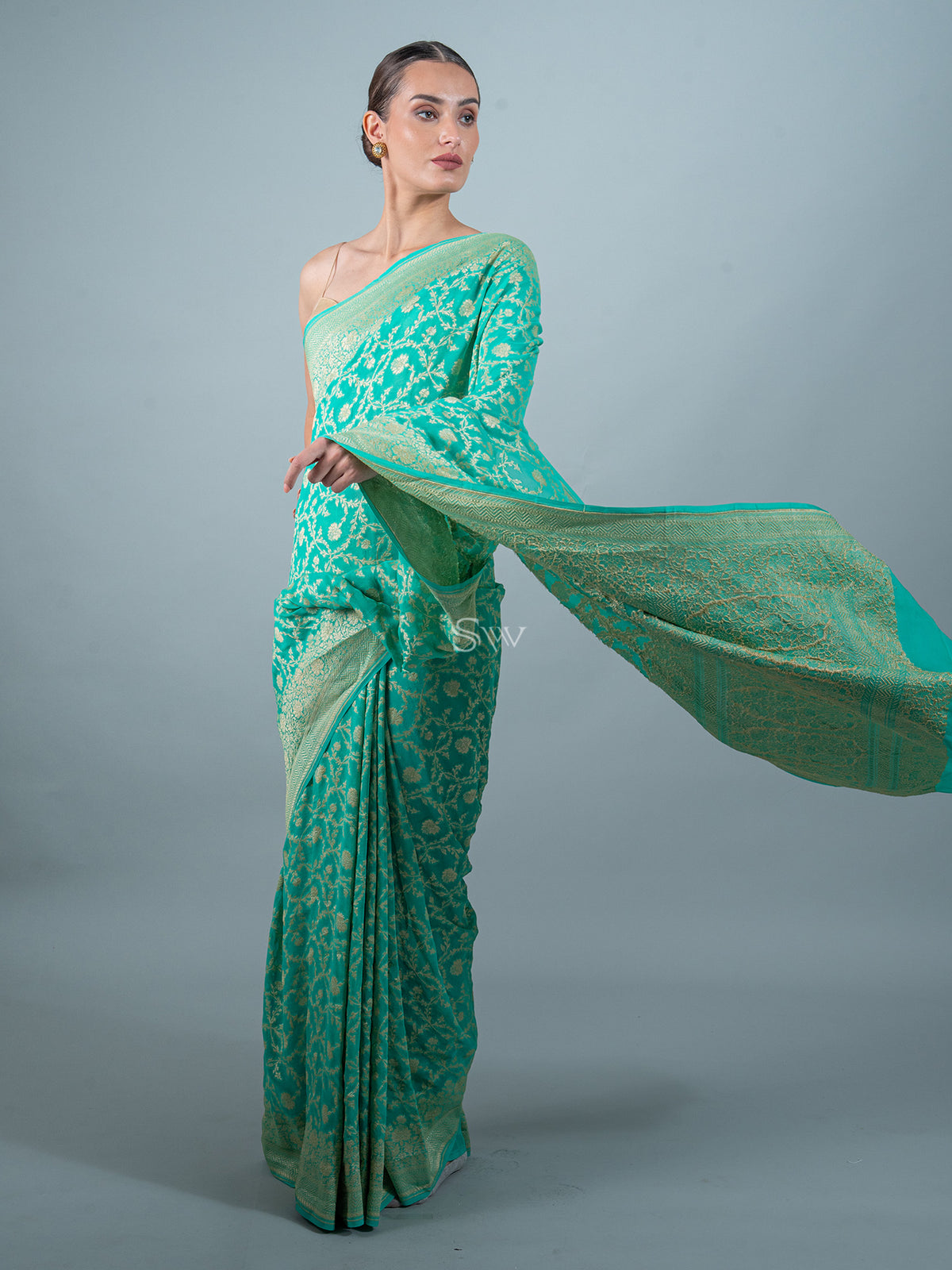 Sea Green Jaal Khaddi Georgette Handloom Banarasi Saree - Sacred Weaves