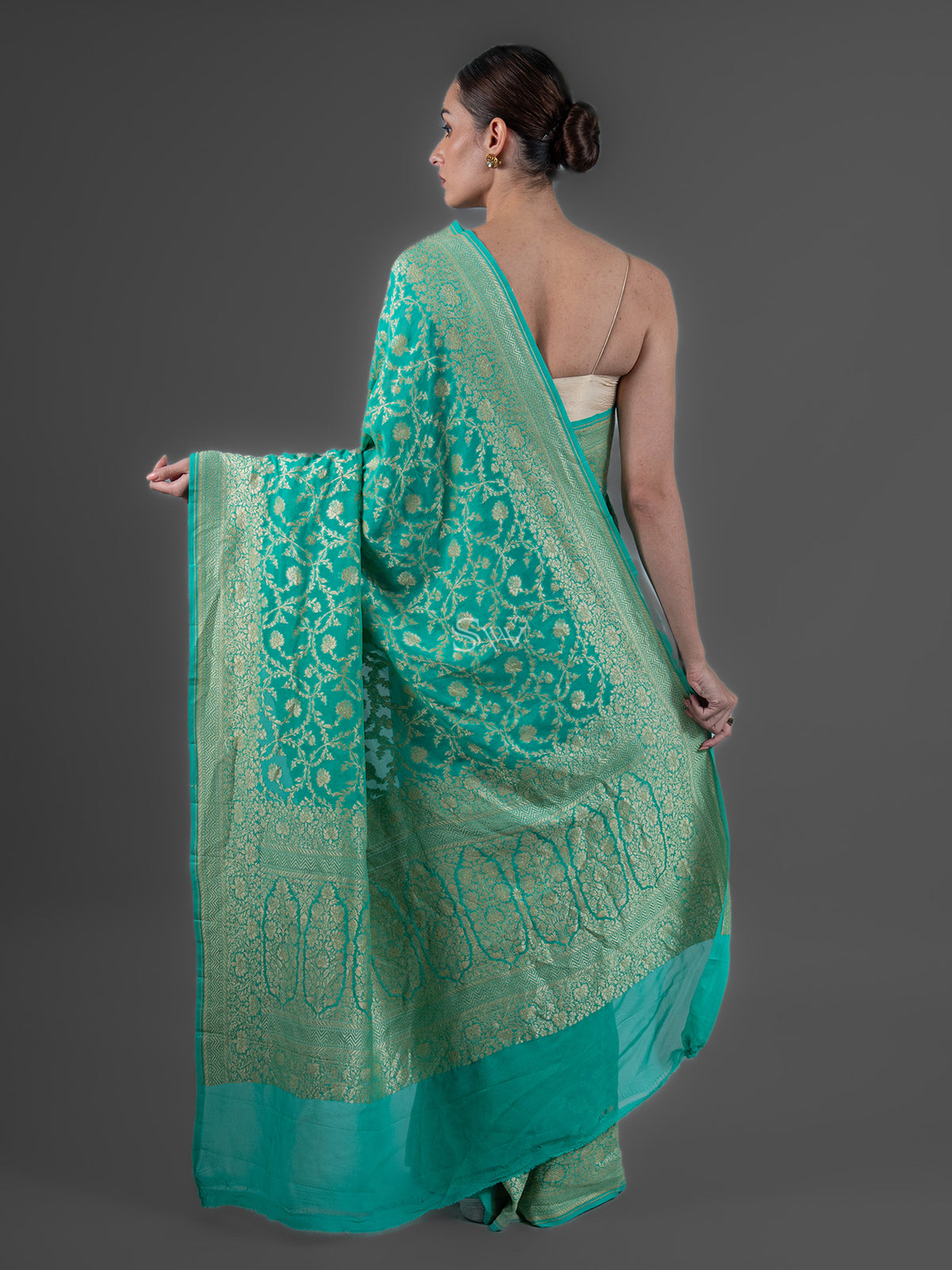 Sea Green Jaal Khaddi Georgette Handloom Banarasi Saree - Sacred Weaves