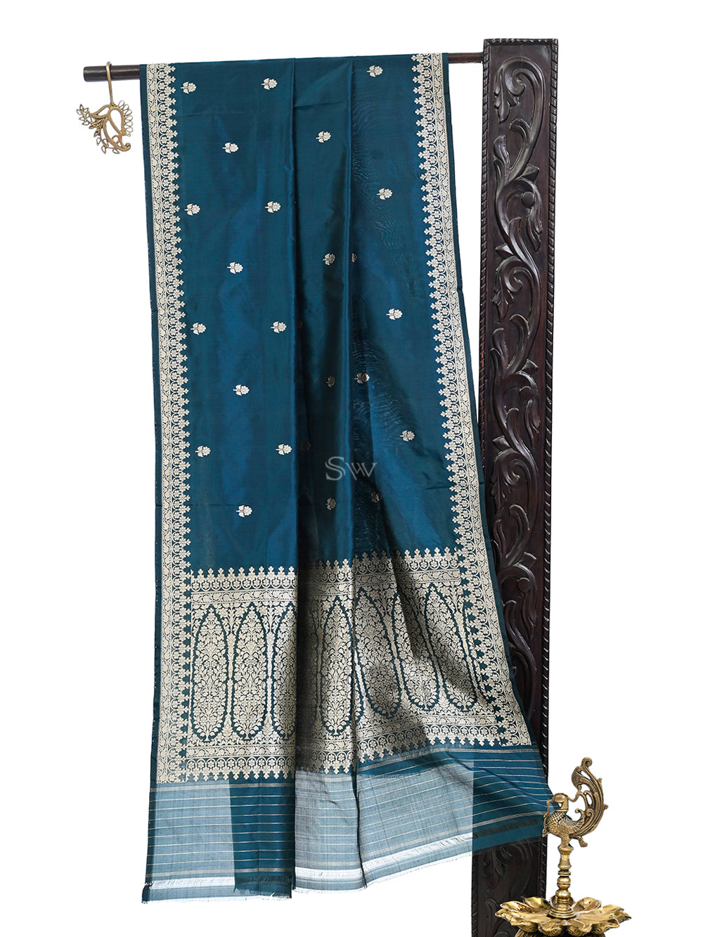 Teal Blue Booti Katan Silk Handloom Banarasi Dupatta - Sacred Weaves