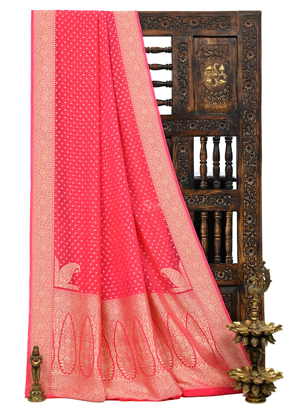 Peach Konia Khaddi Georgette Handloom Banarasi Saree - Sacred Weaves