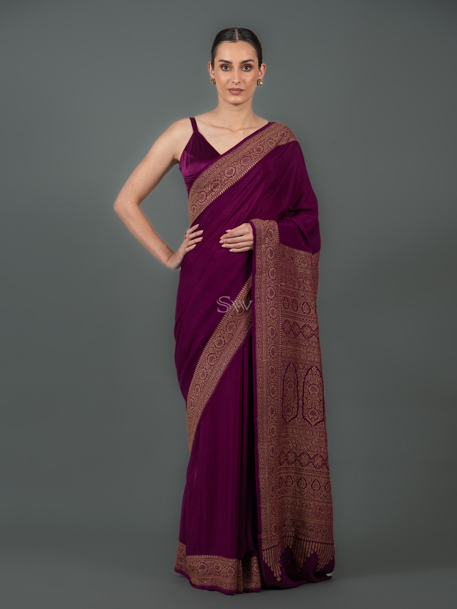 Wine Plain Crepe Silk Handloom Banarasi Saree - Sacred Weaves