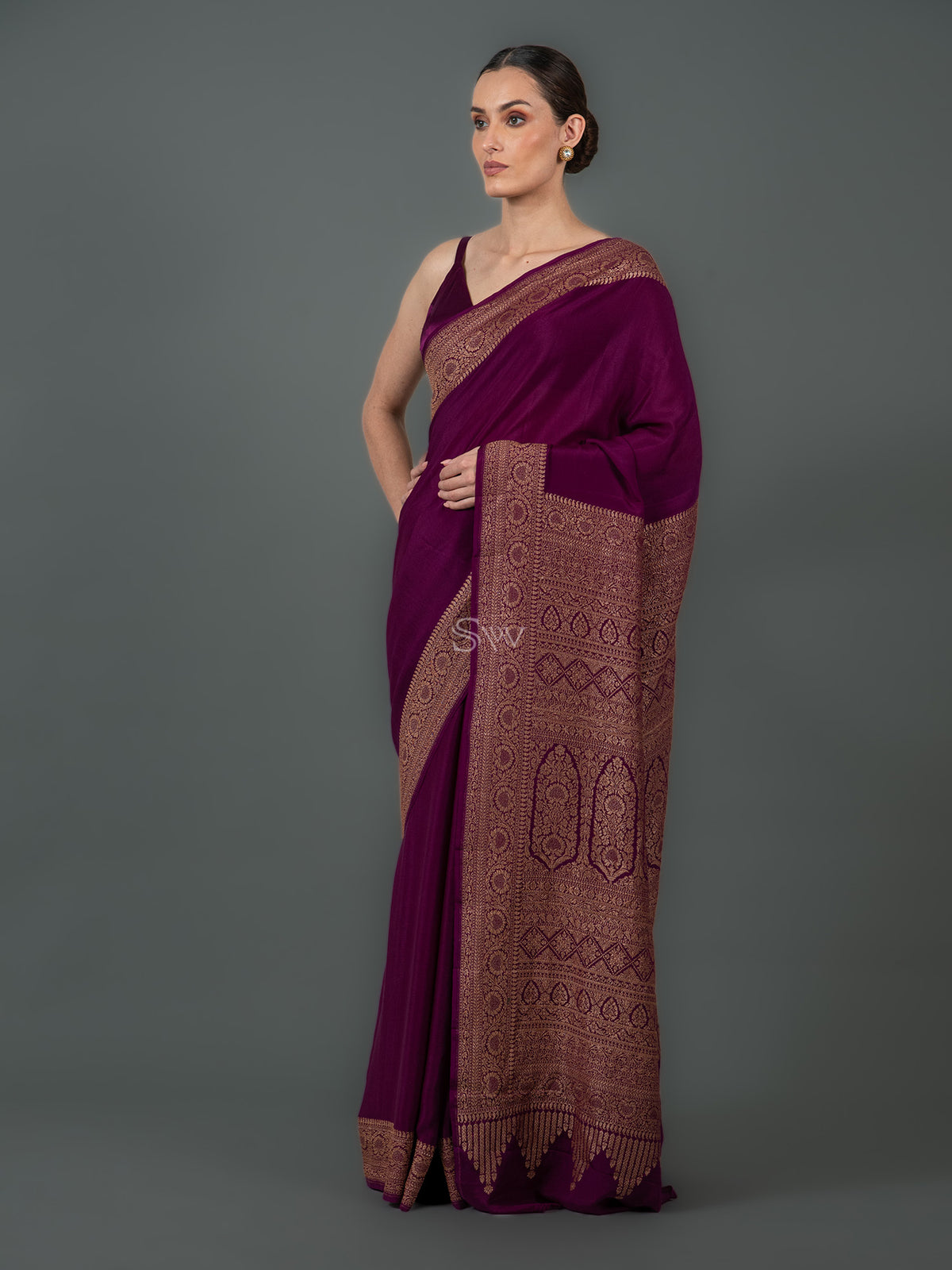 Wine Plain Crepe Silk Handloom Banarasi Saree - Sacred Weaves