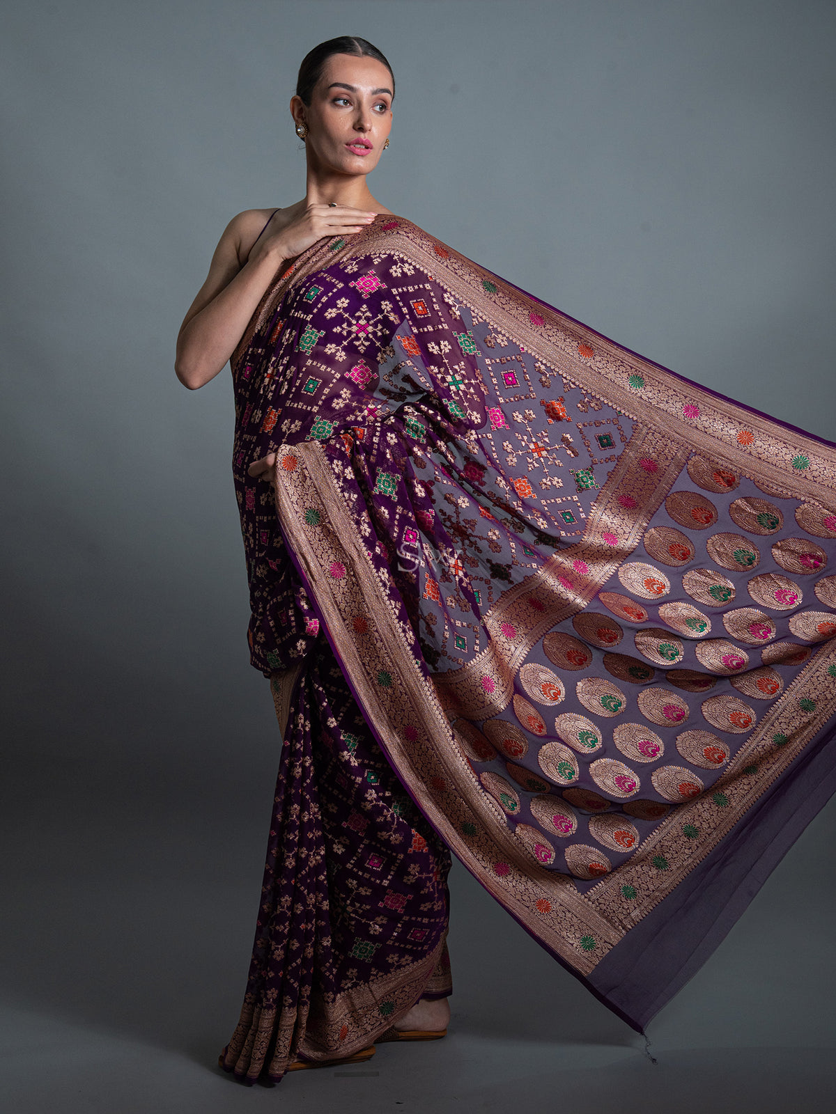 Purple Meenakari Jaal Khaddi Georgette Handloom Banarasi Saree