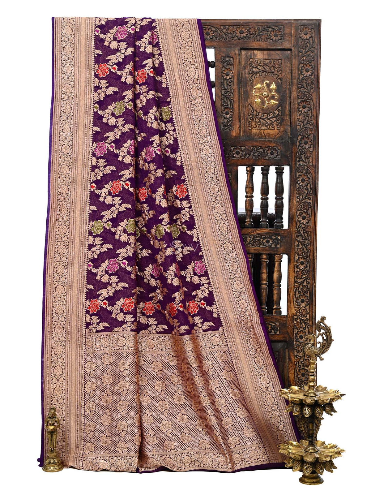 Dark Purple Meenakari Jaal Khaddi Georgette Handloom Banarasi Saree