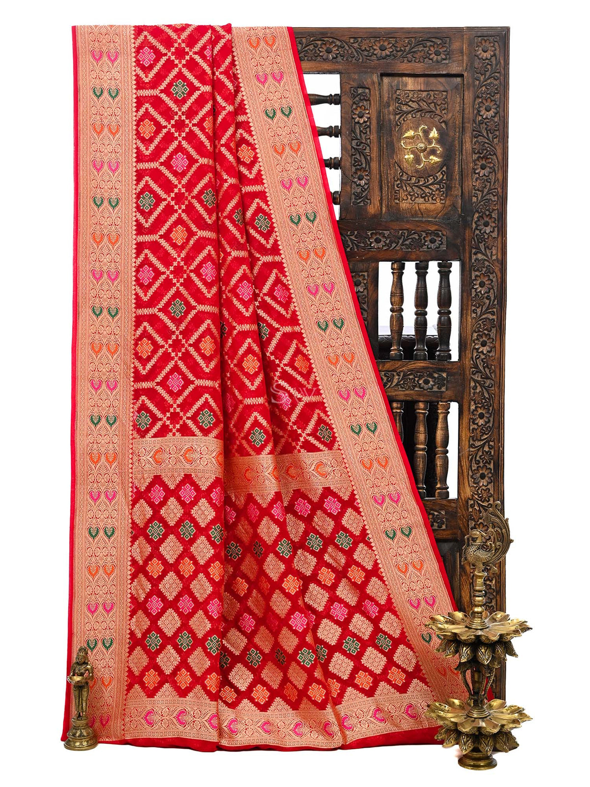 Red Meenakari Jaal Khaddi Georgette Handloom Banarasi Saree