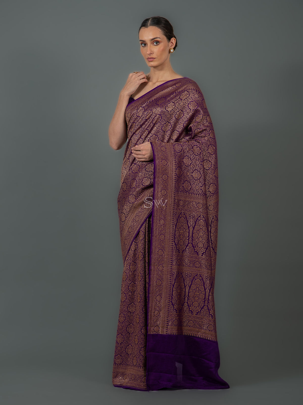 Purple Jaal Crepe Silk Handloom Banarasi Saree - Sacred Weaves