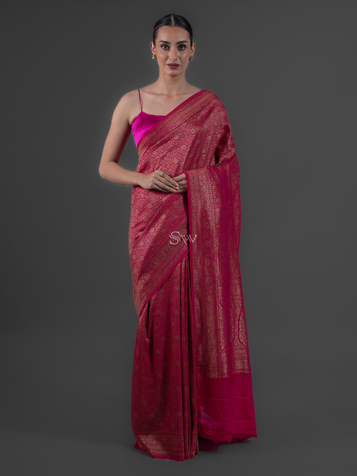 Magenta Jaal Crepe Silk Handloom Banarasi Saree - Sacred Weaves