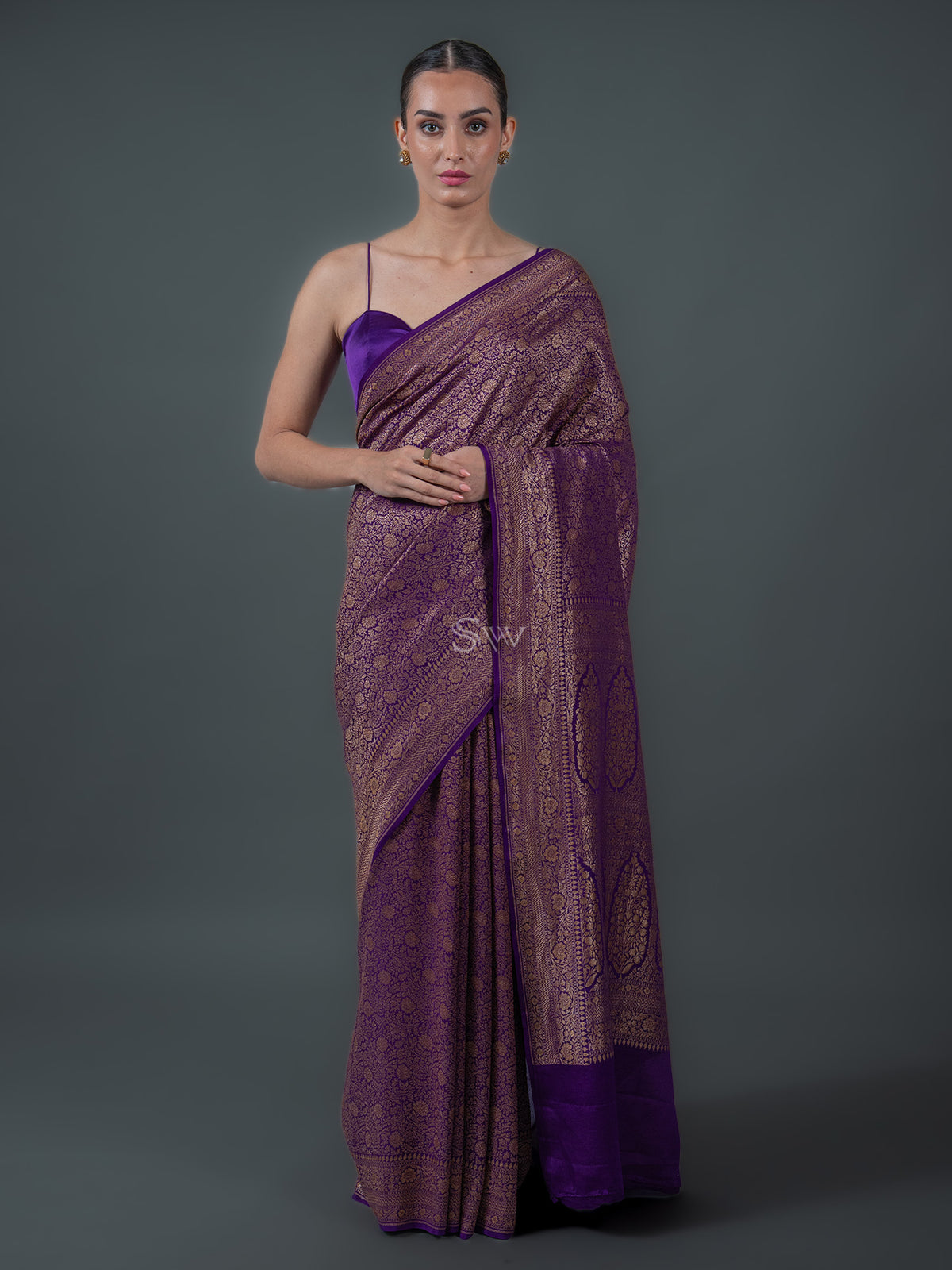 Purple Jaal Crepe Silk Handloom Banarasi Saree