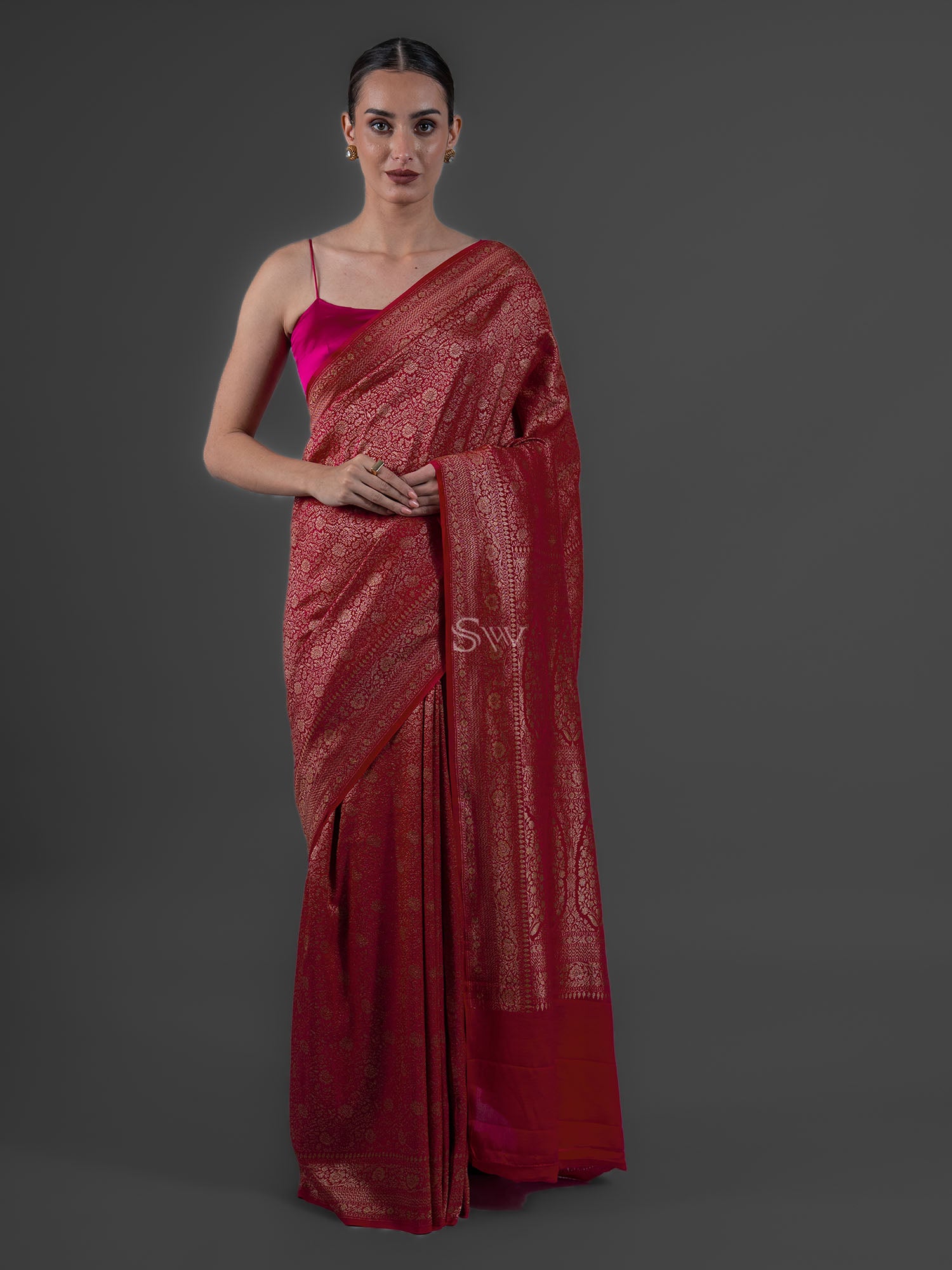 Maroon Jaal Crepe Silk Handloom Banarasi Saree - Sacred Weaves