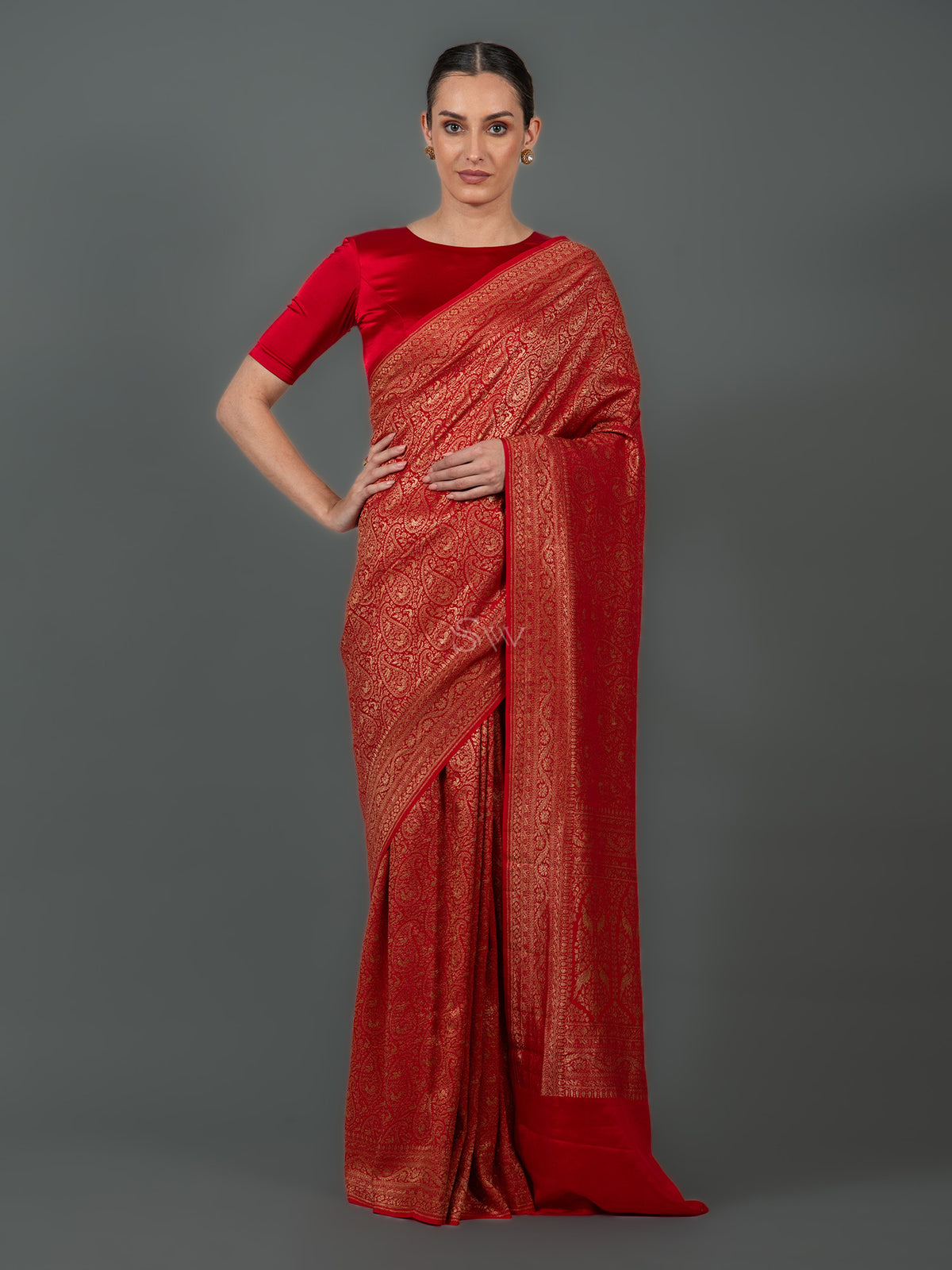 Red Jaal Crepe Silk Handloom Banarasi Saree - Sacred Weaves