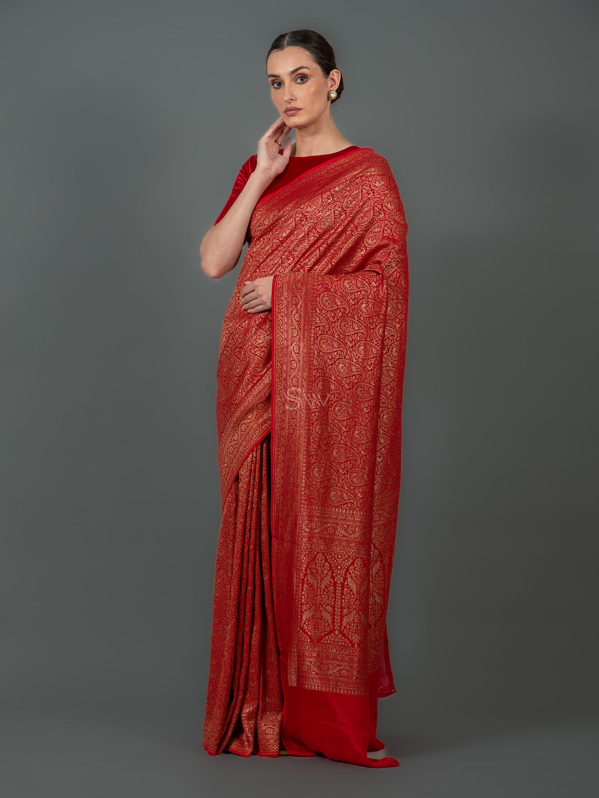 Red Jaal Crepe Silk Handloom Banarasi Saree - Sacred Weaves