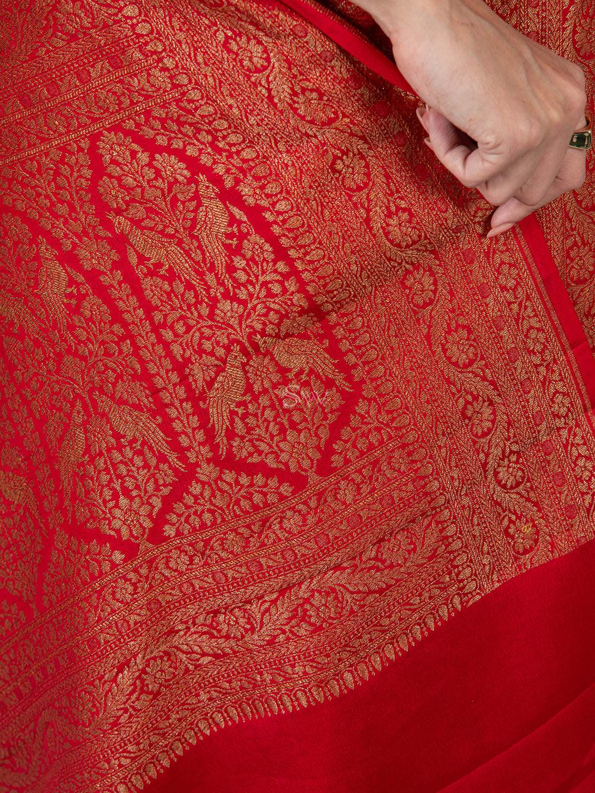 Red Jaal Crepe Silk Handloom Banarasi Saree - Sacred Weaves