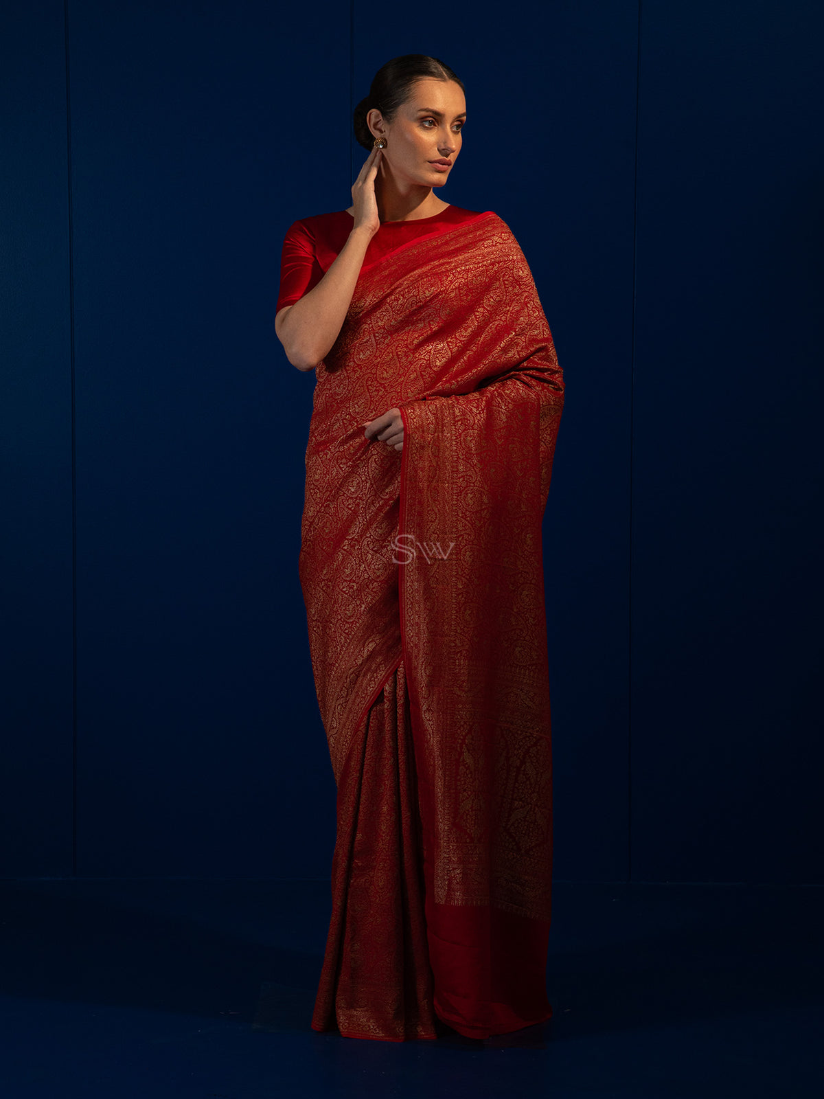 Red Jaal Crepe Silk Handloom Banarasi Saree - Sacred Weaves