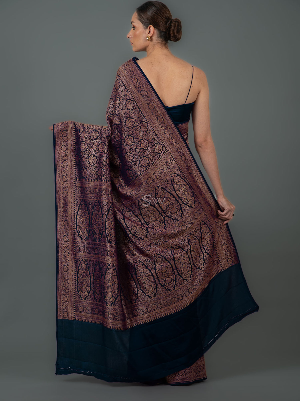 Midnight Blue Jaal Crepe Silk Handloom Banarasi Saree - Sacred Weaves