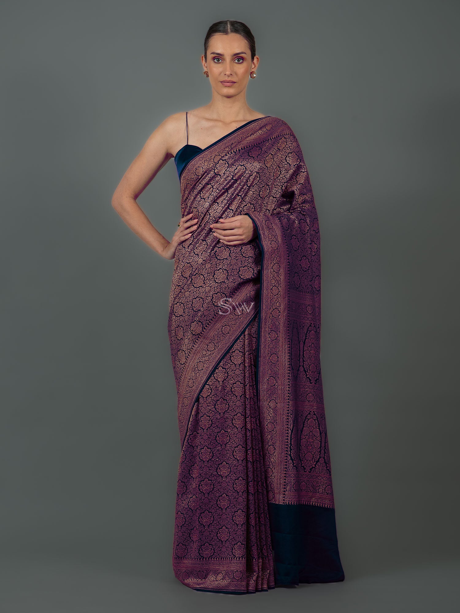 Midnight Blue Jaal Crepe Silk Handloom Banarasi Saree - Sacred Weaves