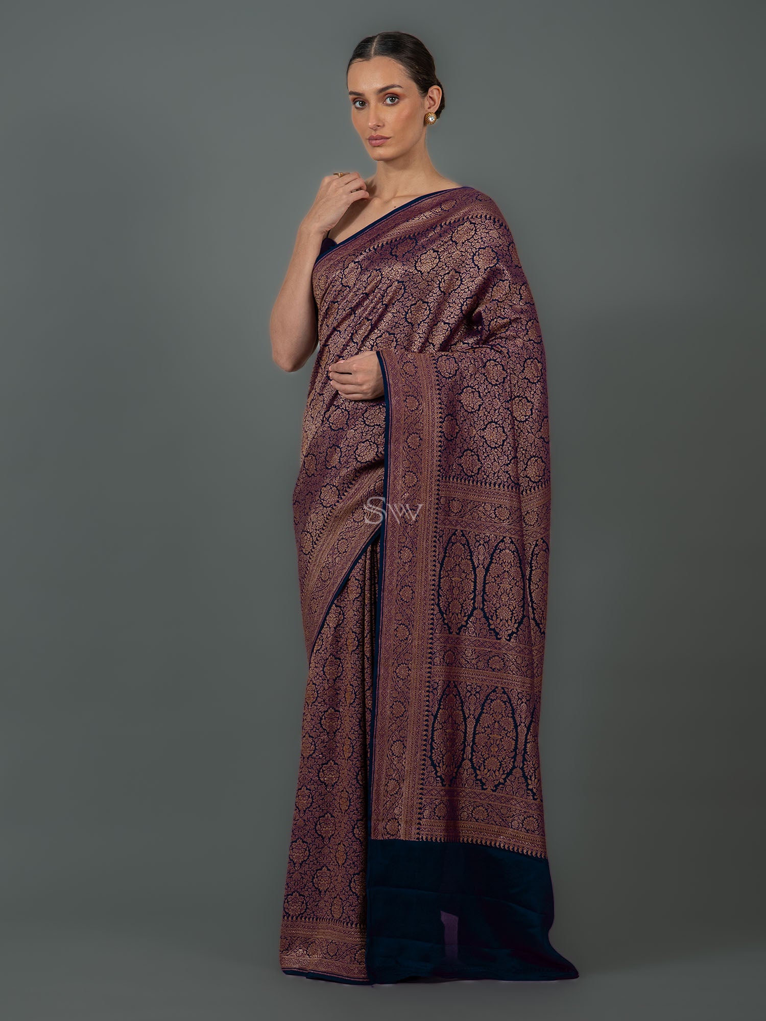 Midnight Blue Jaal Crepe Silk Handloom Banarasi Saree - Sacred Weaves