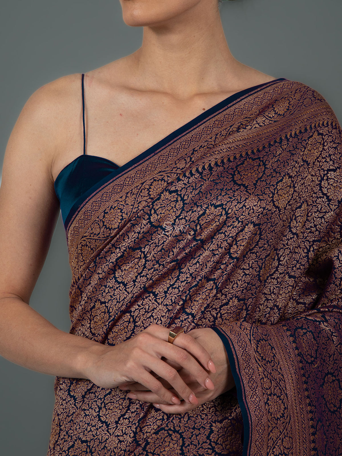 Midnight Blue Jaal Crepe Silk Handloom Banarasi Saree - Sacred Weaves