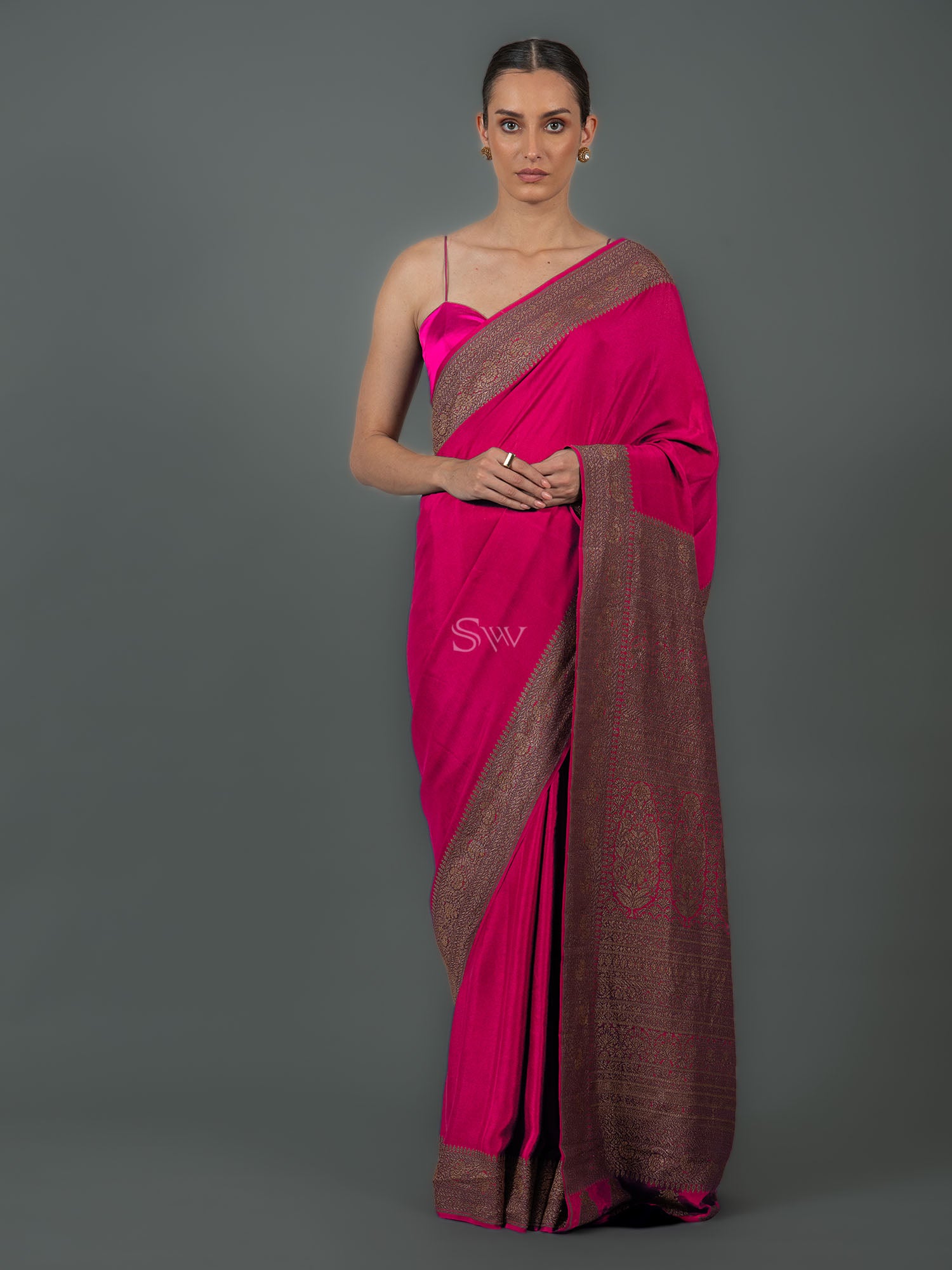 Magenta Plain Crepe Silk Handloom Banarasi Saree - Sacred Weaves