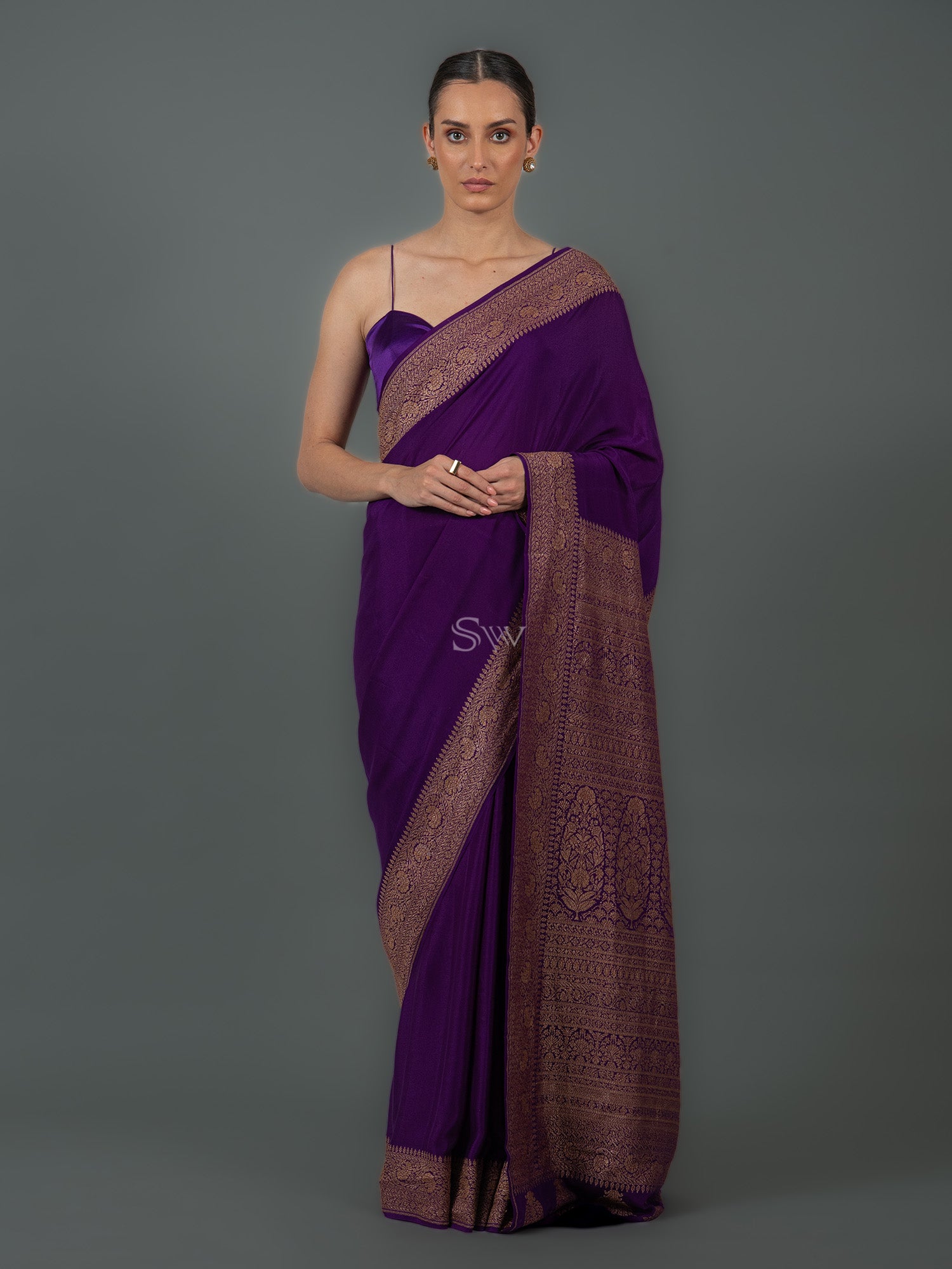 Purple Plain Crepe Silk Handloom Banarasi Saree - Sacred Weaves