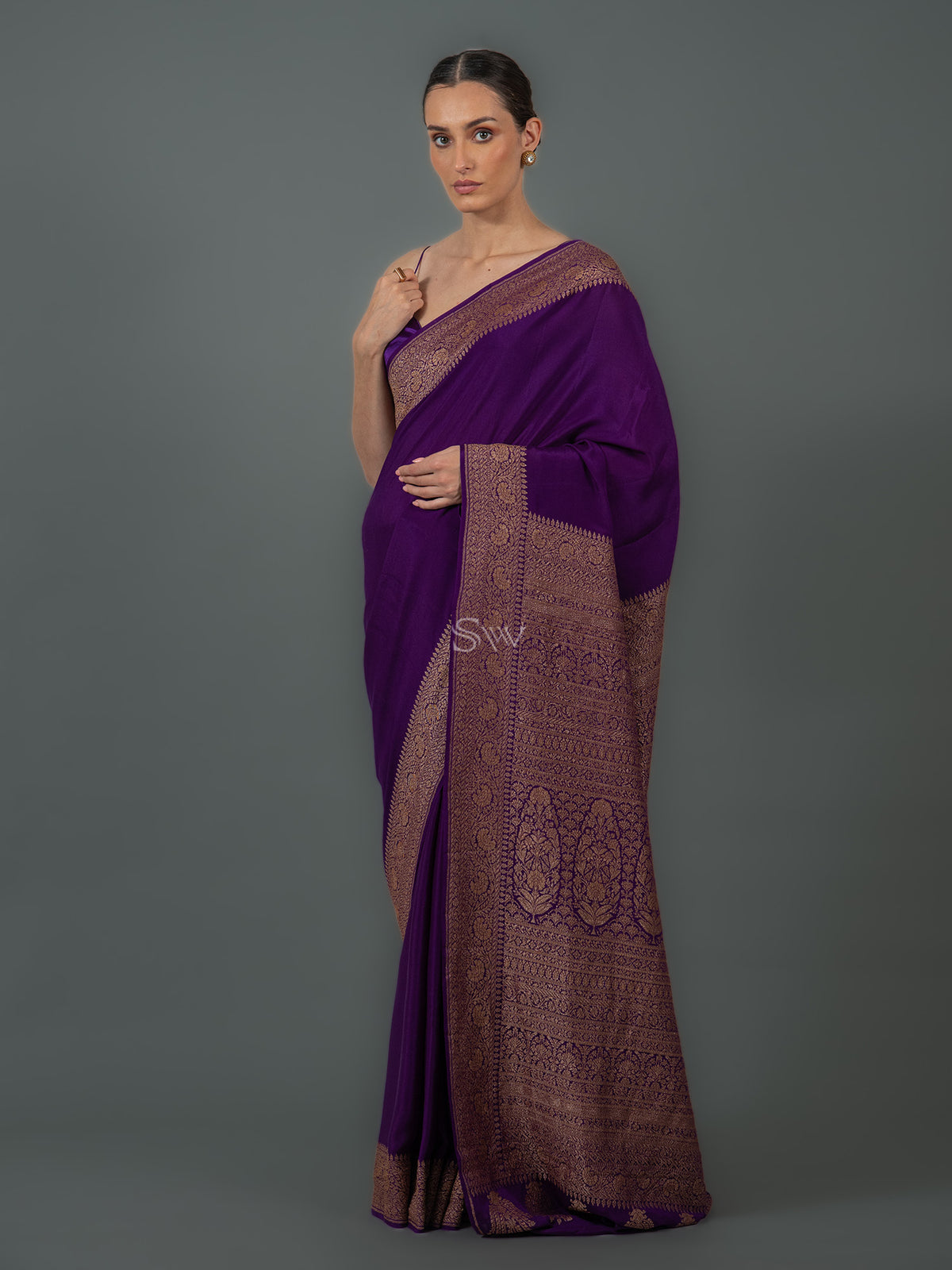 Purple Plain Crepe Silk Handloom Banarasi Saree - Sacred Weaves