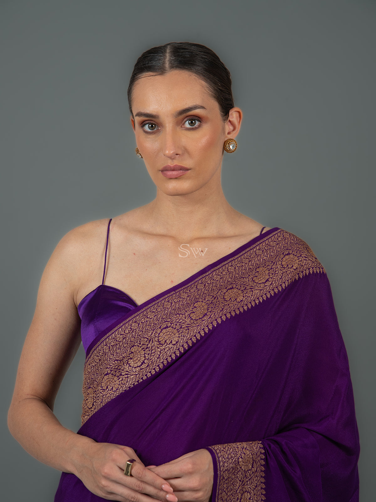 Purple Plain Crepe Silk Handloom Banarasi Saree - Sacred Weaves